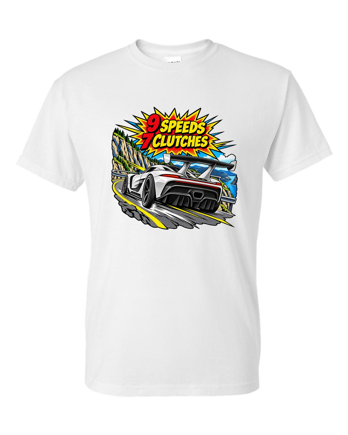 Comic halftone pop art print of a Koenigsegg Jesko with 9 speeds and 7 clutches lettering white t-shirt front view with the design