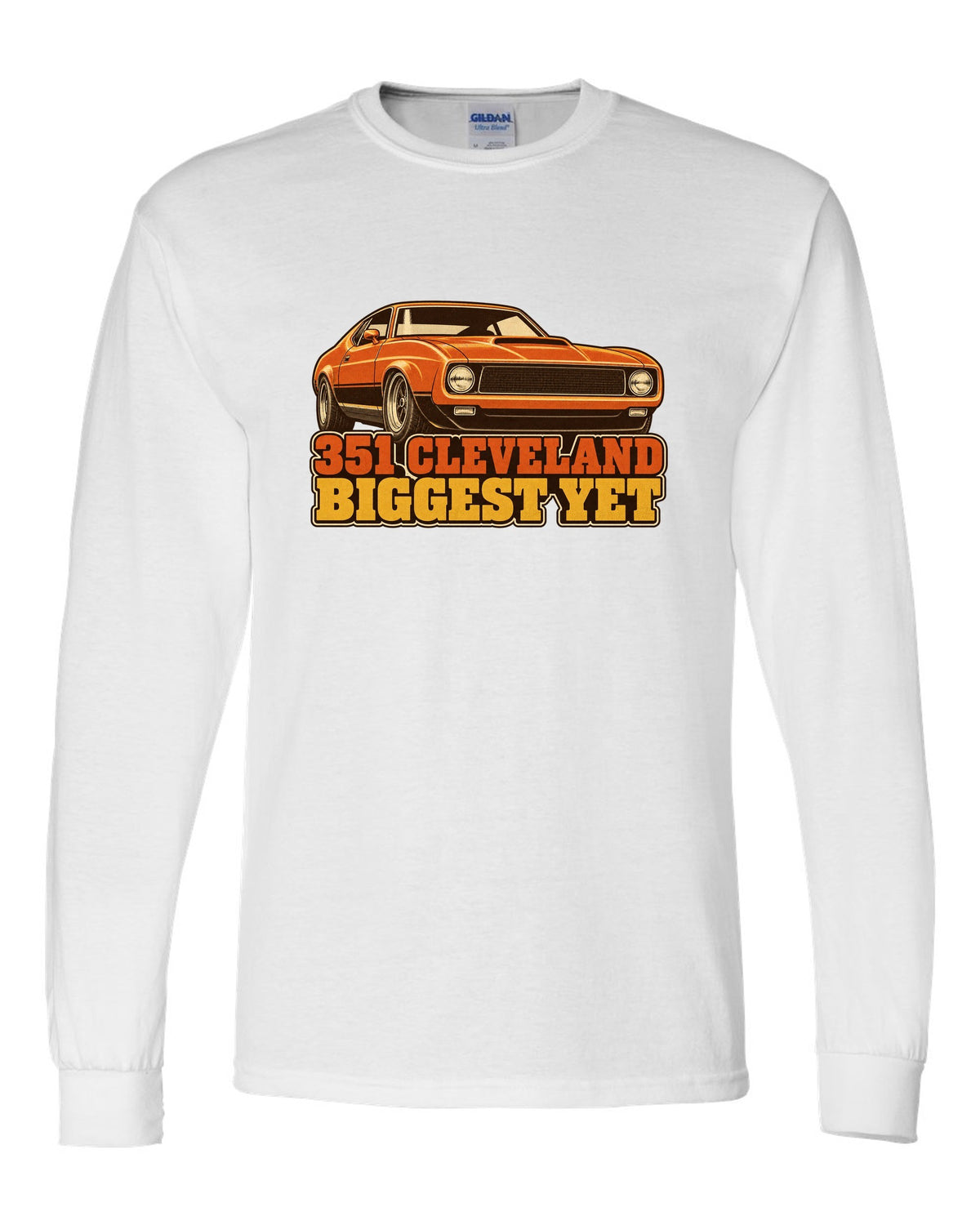 Vintage 70s race poster print of a 1971 Ford Mustang fastback with 351 Cleveland text white long sleeve front view with the design
