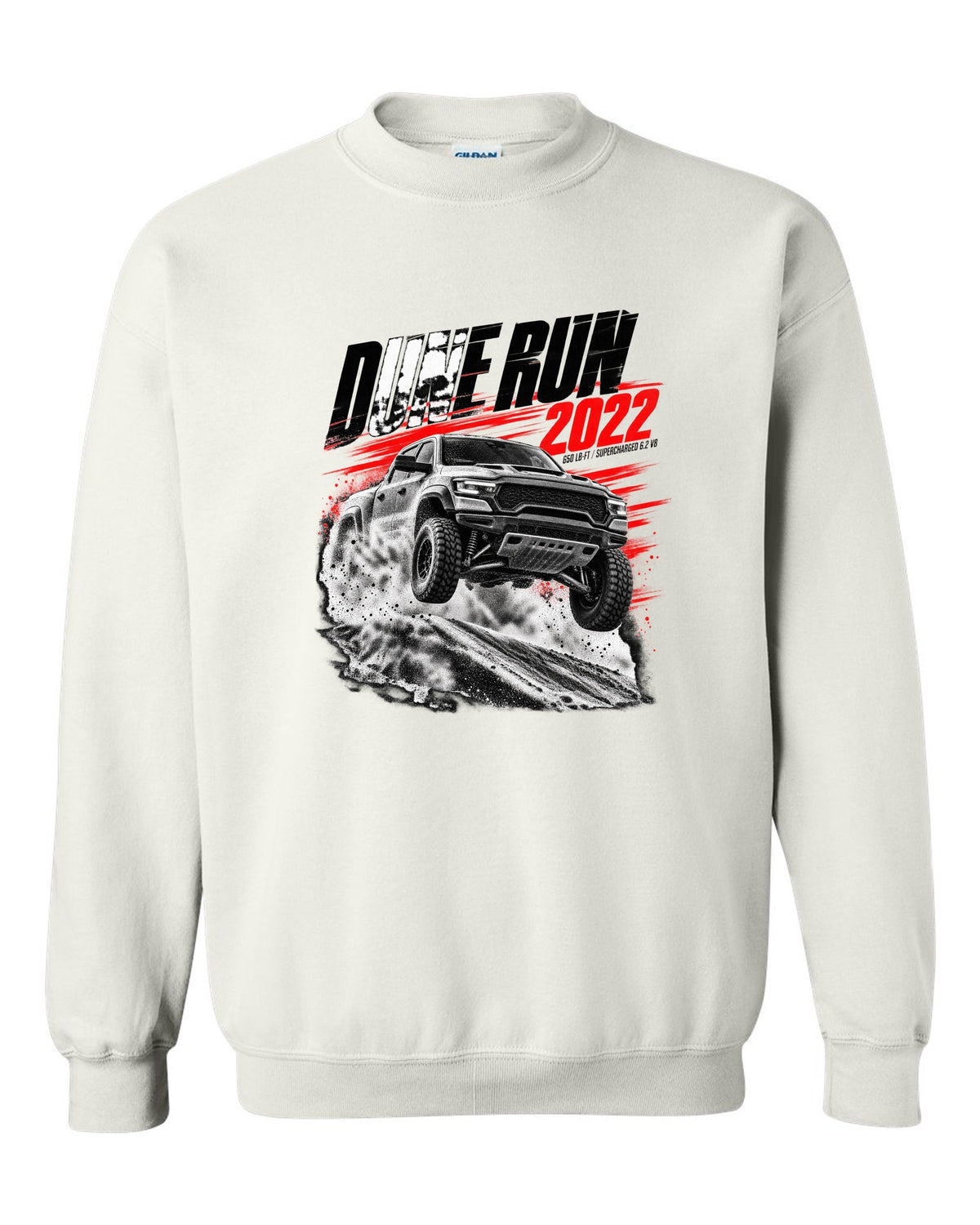 Race poster of a 2022 Ram 1500 TRX jumping a dune with the text Dune Run 2022, 650 lb-ft white crewneck front view with the design