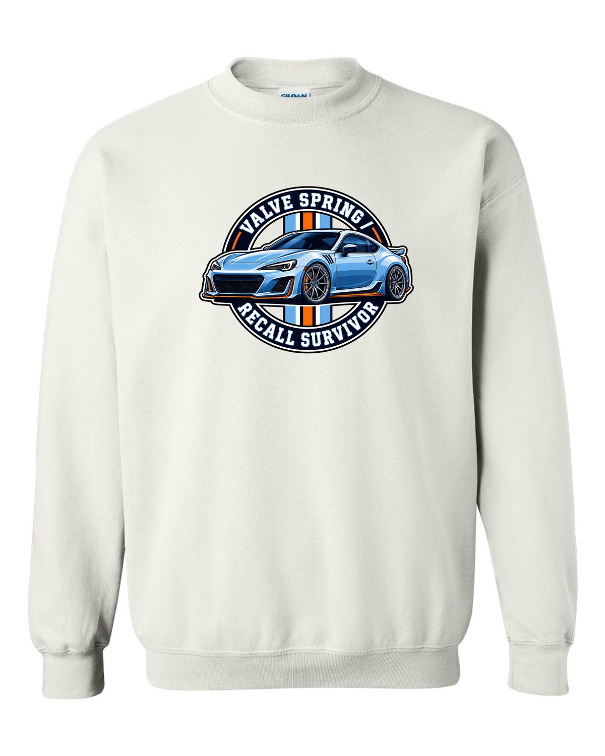 Round varsity crest design for a Subaru BRZ ZC6 reading valve spring recall survivor white crewneck front view with the design