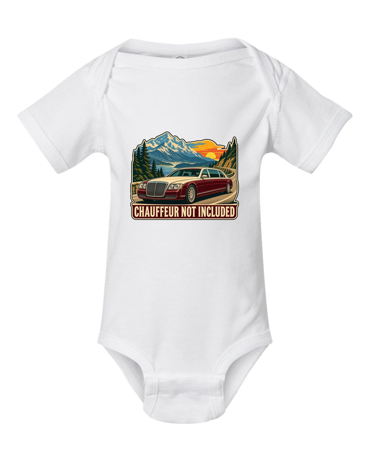 1960s litho travel poster of a Maybach 57 W240 with Chauffeur Not Included text white baby onesie front view with the design