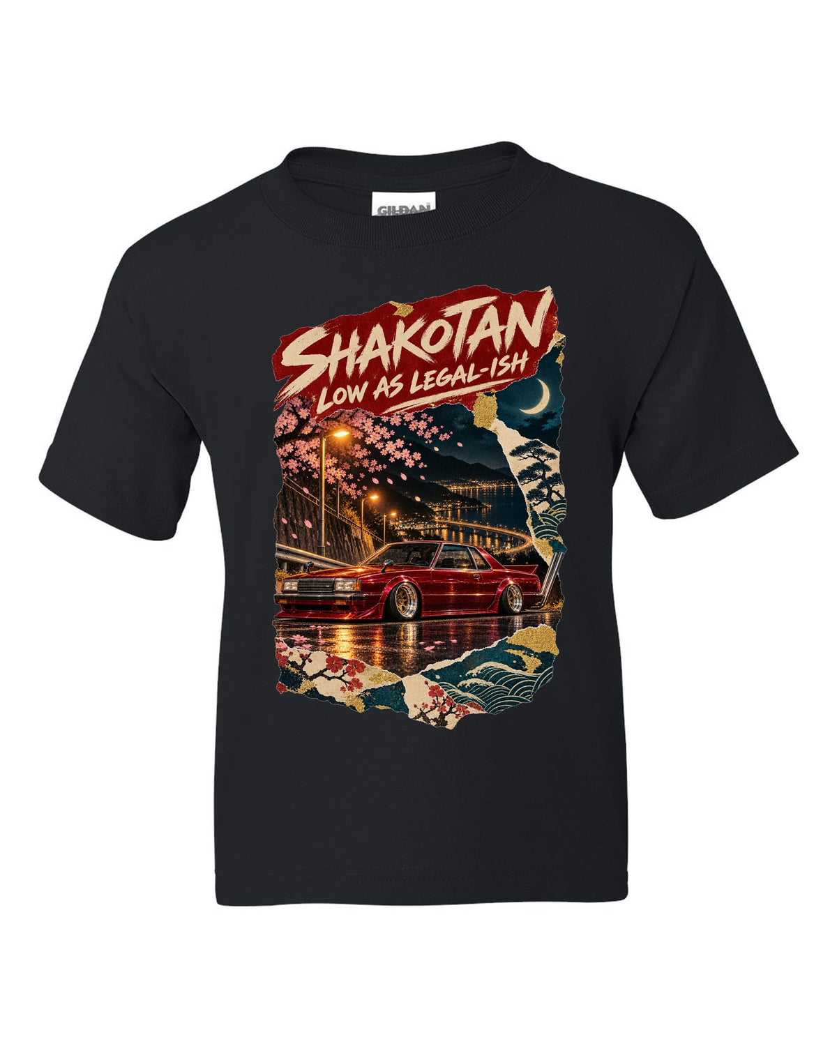 Japanese poster collage of a lowered kaido racer coupe with SHAKOTAN lettering black kids tee front view with the design