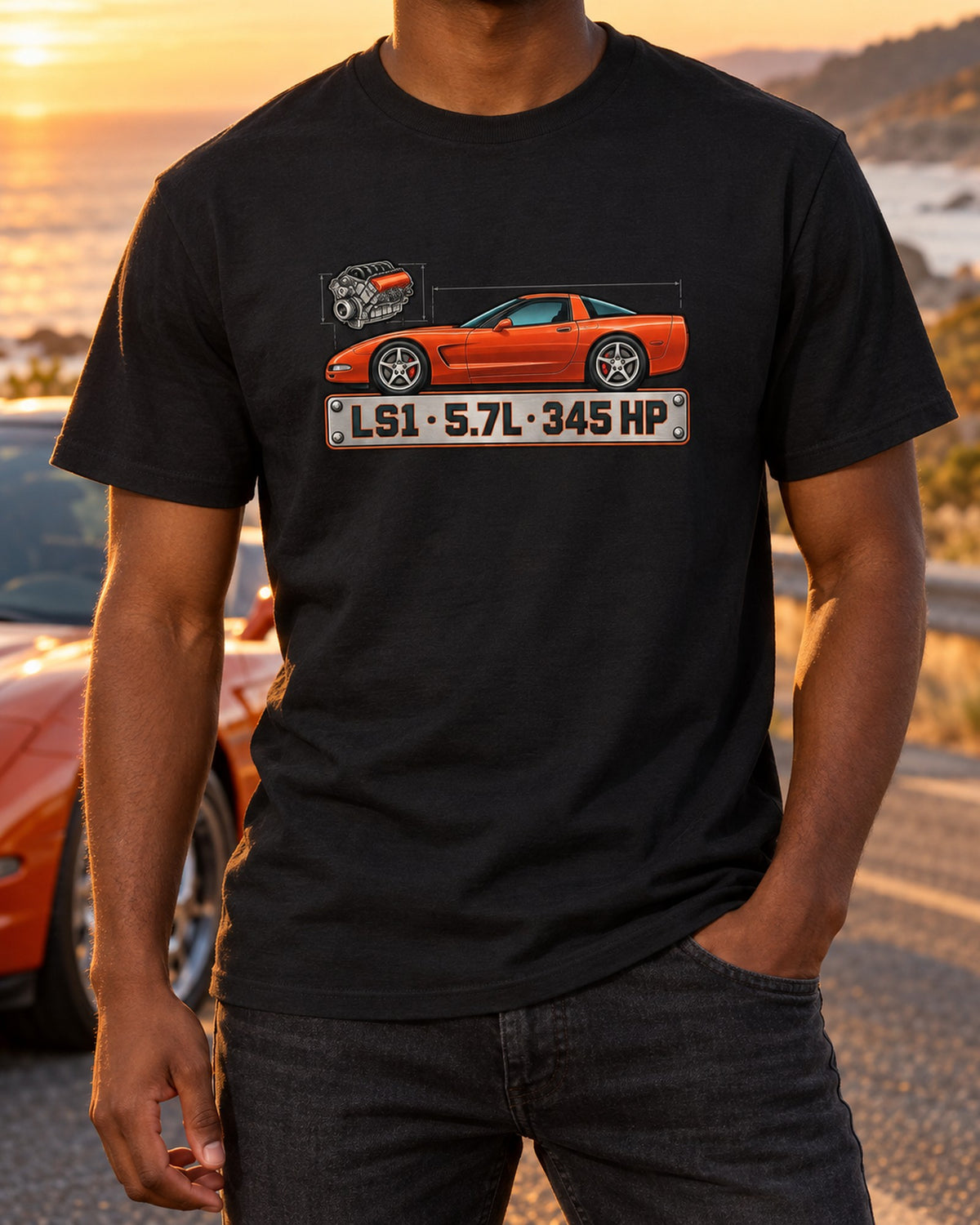 Chevrolet Corvette C5 LS1 Spec Plate Shirt, Car Guy Gift T-Shirt Black worn hero