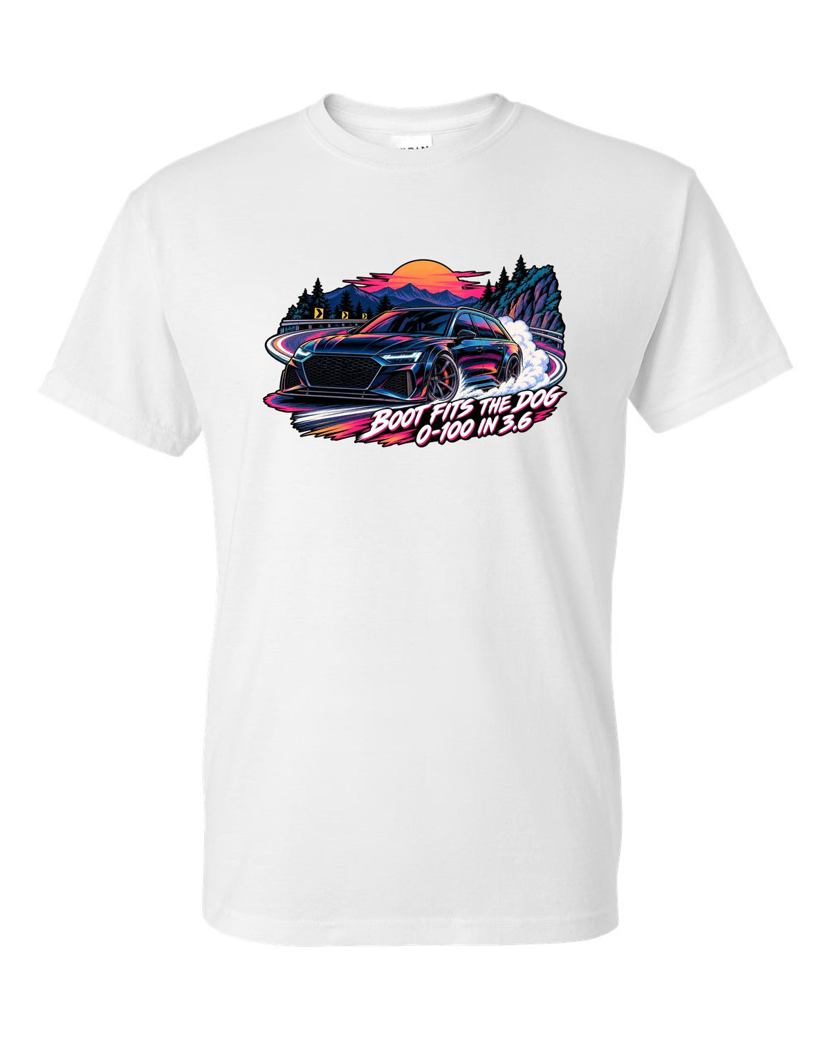 Cel-shaded anime night touge design of the Audi RS6 Avant C8 with boot fits the dog lettering white t-shirt front view with the design