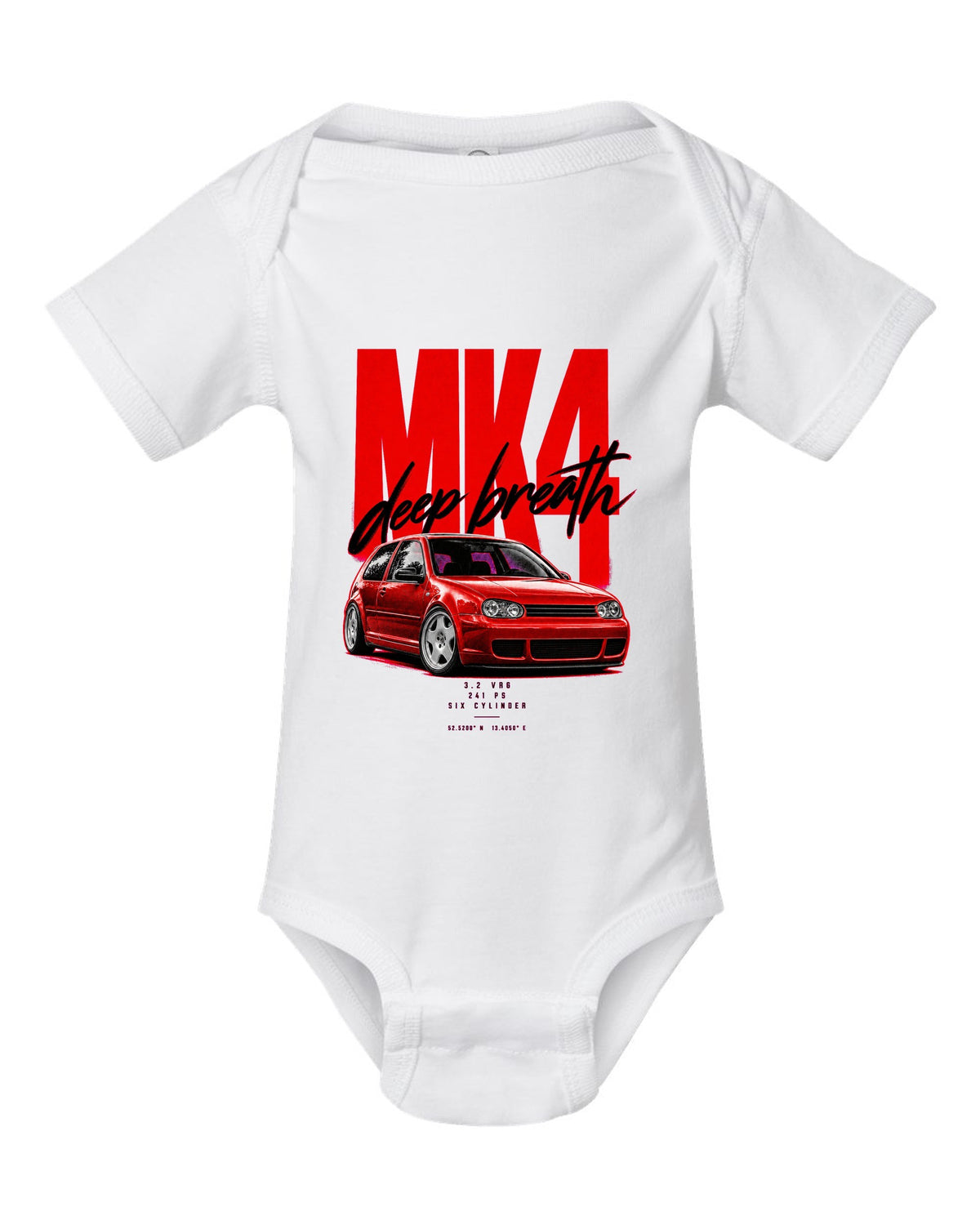 VW Golf R32 Mk4 2002 front three-quarter street poster with 241 PS text white baby onesie front view with the design