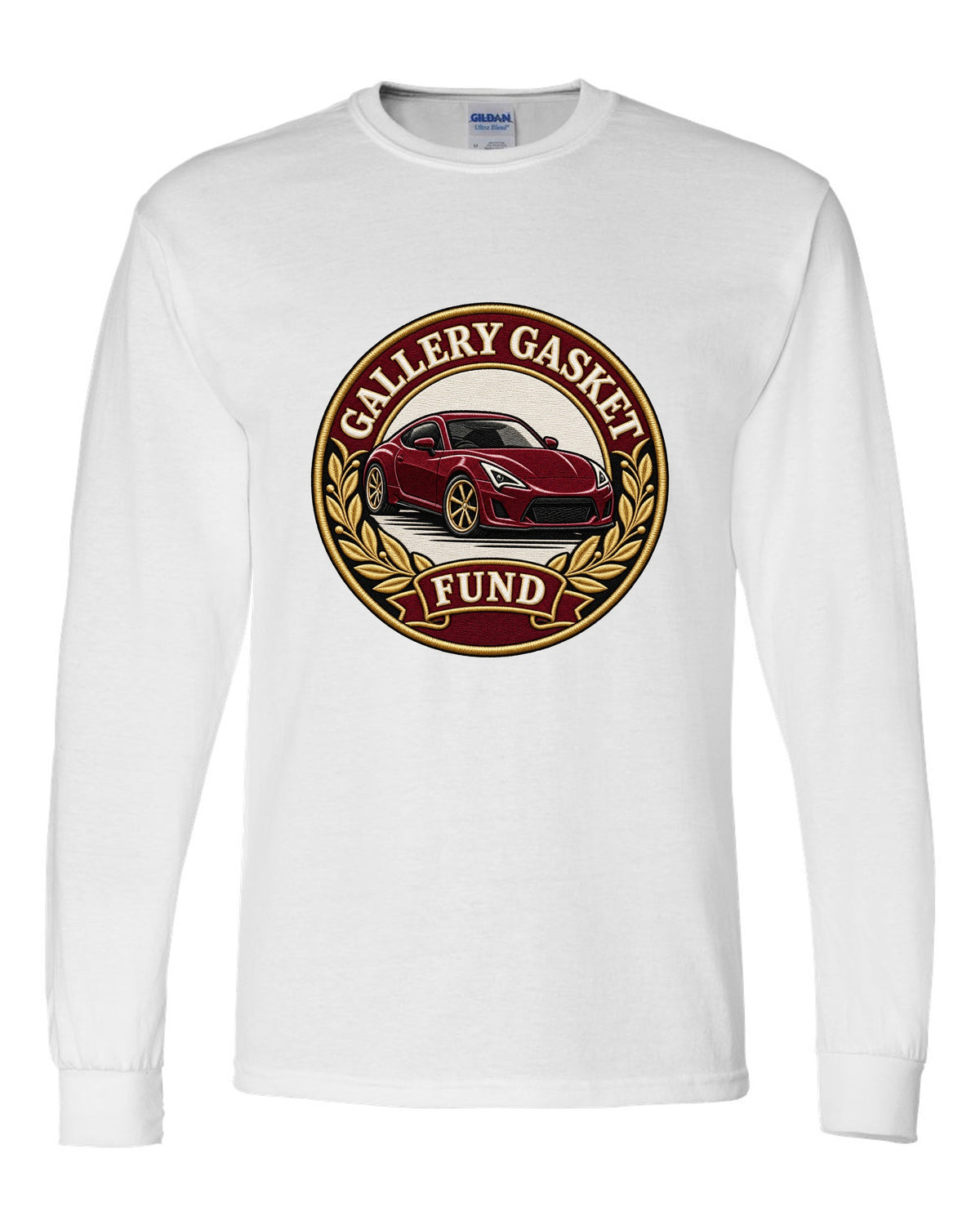 Round crest print for a Nissan 350Z Z33 with gallery gasket fund text white long sleeve front view with the design