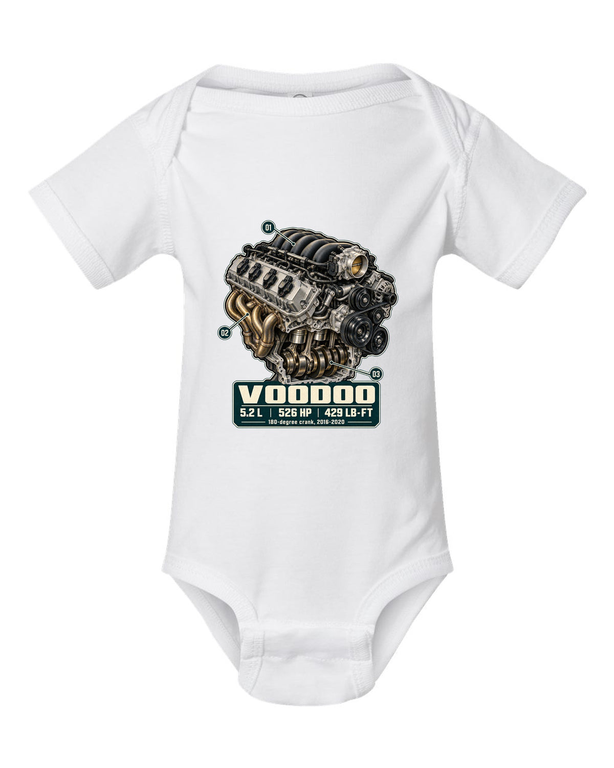 Ford Mustang S550 Shelby GT350 Voodoo 5.2 L engine hero print white baby onesie front view with the design