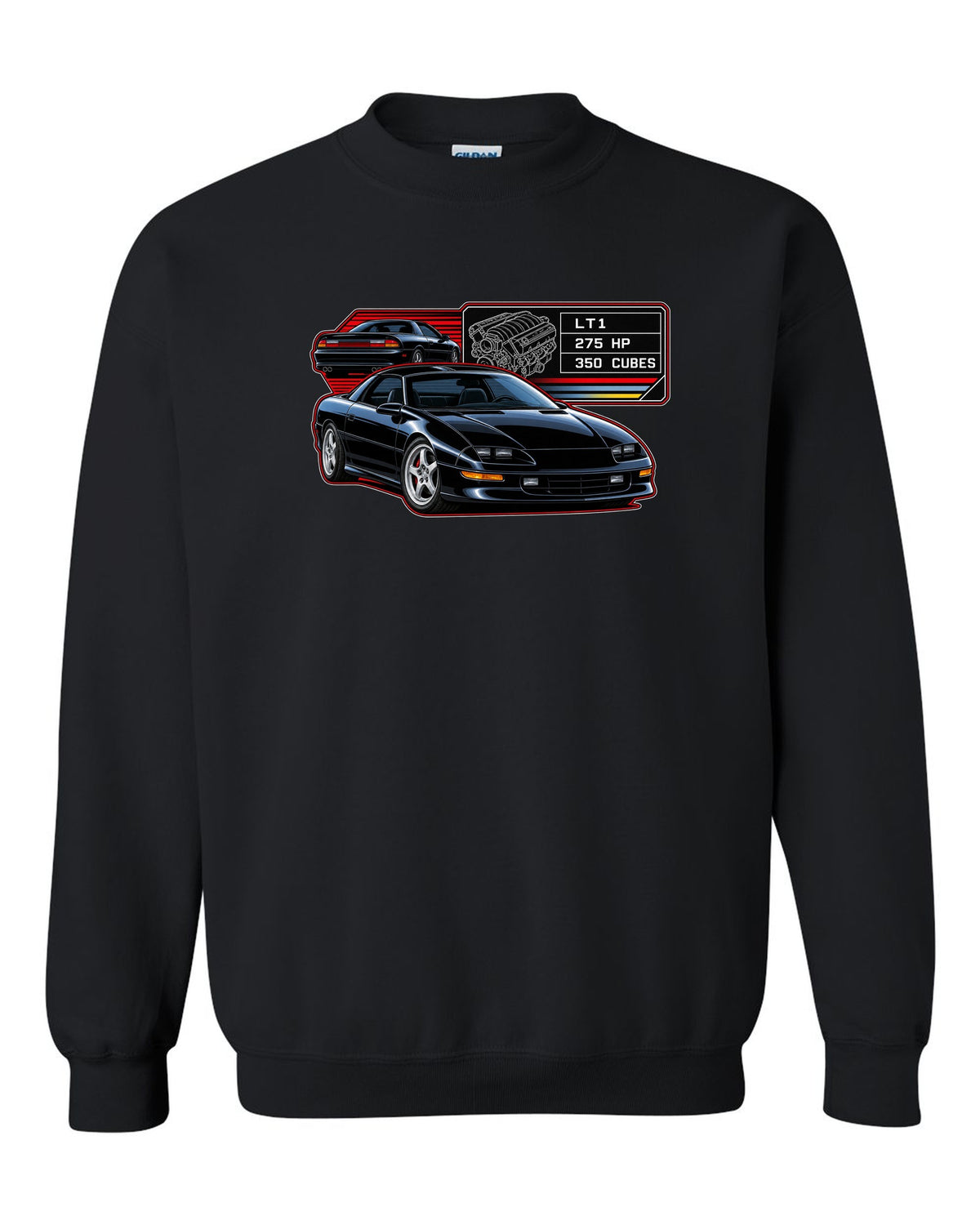 1993 Camaro Z28 fourth-generation spec plate design with the text LT1 275 HP 350 Cubes black crewneck front view with the design