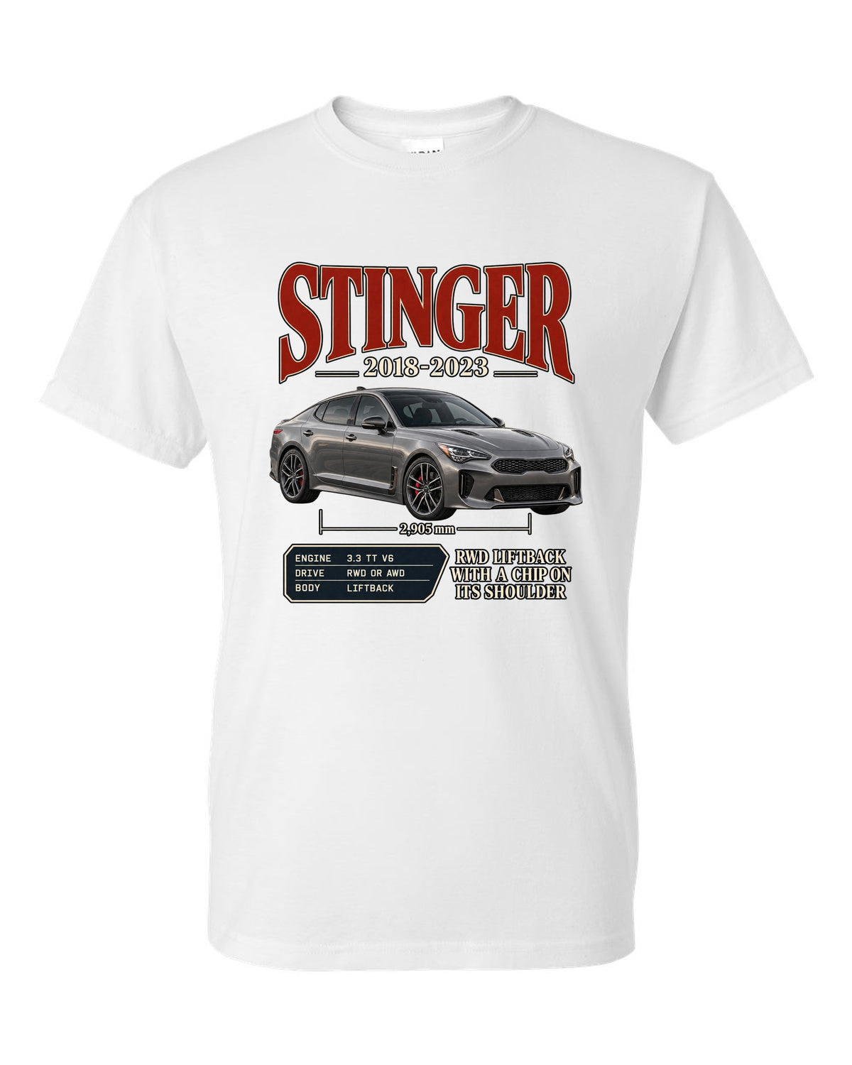 Kia Stinger GT archive panel print covering 2018 to 2023 white t-shirt front view with the design