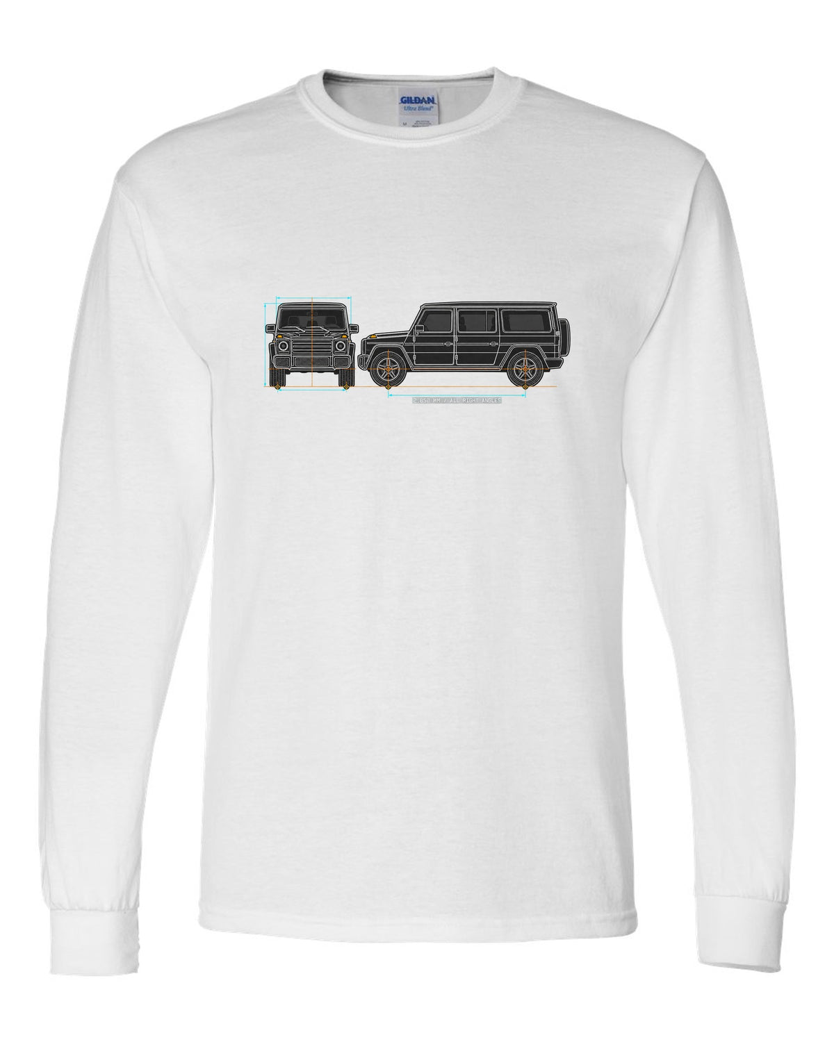 Neon outline graphic of a Mercedes SLS AMG C197 with gullwing doors open, print white long sleeve front view with the design