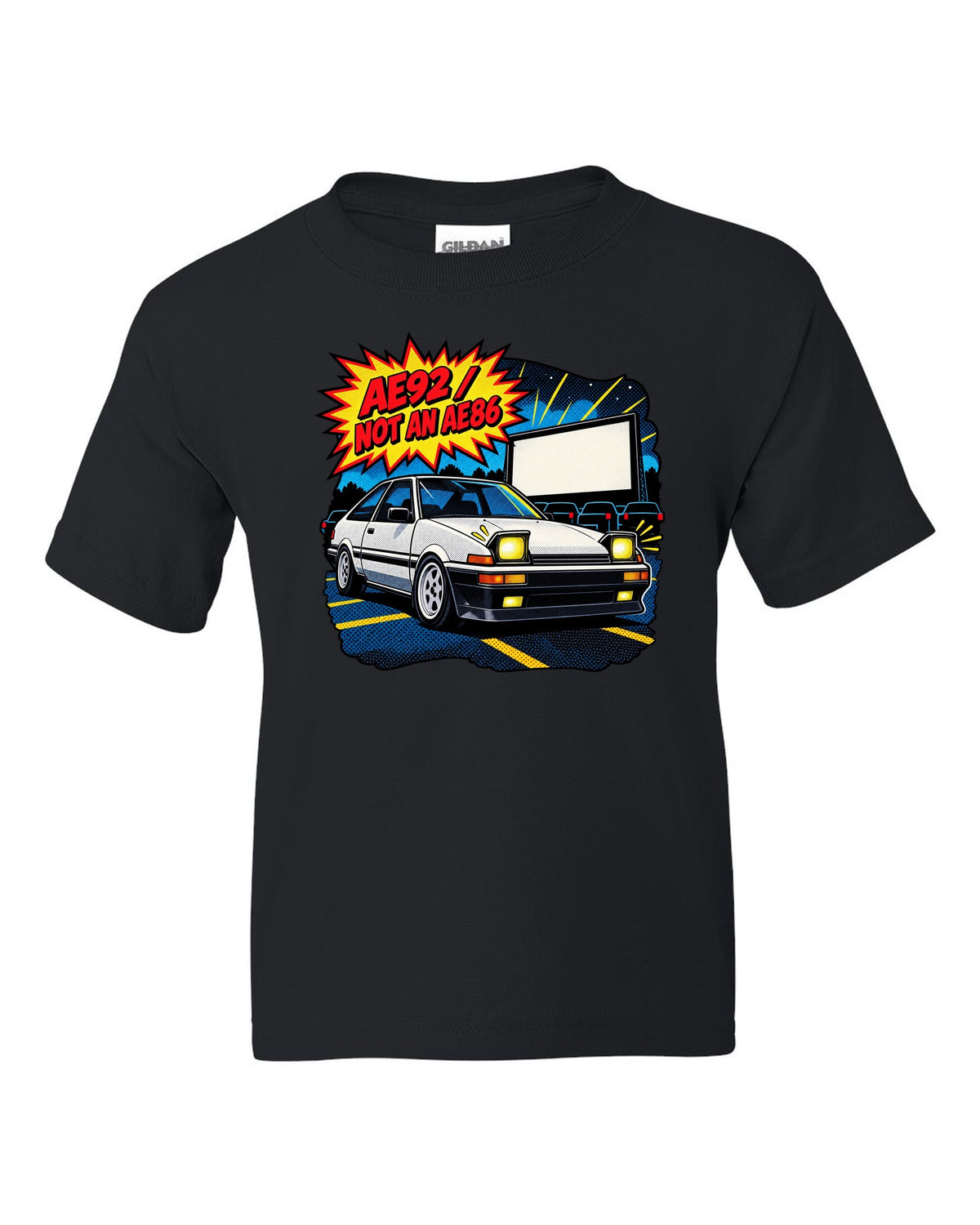 Comic halftone pop-art of a Toyota Corolla AE92 Trueno with the text AE92 Not an AE86 black kids tee front view with the design