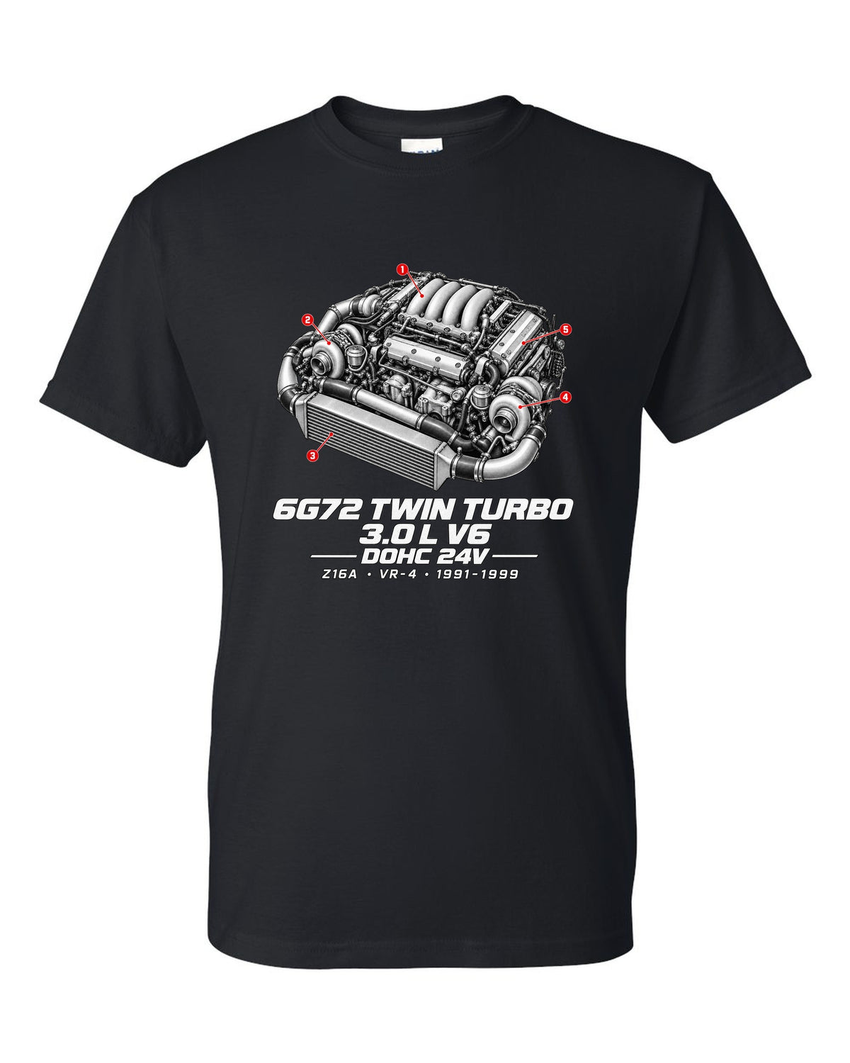 Mitsubishi 3000GT VR-4 Z16A engine bay with 6G72 twin turbo V6 specs black t-shirt front view with the design