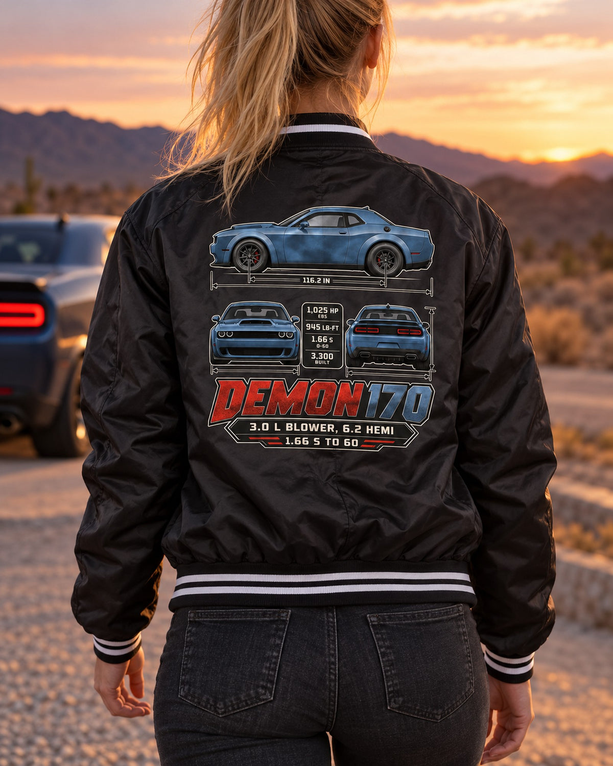 Dodge Challenger SRT Demon 170 Dimension Blueprint Shirt Bomber Jacket Black worn hero