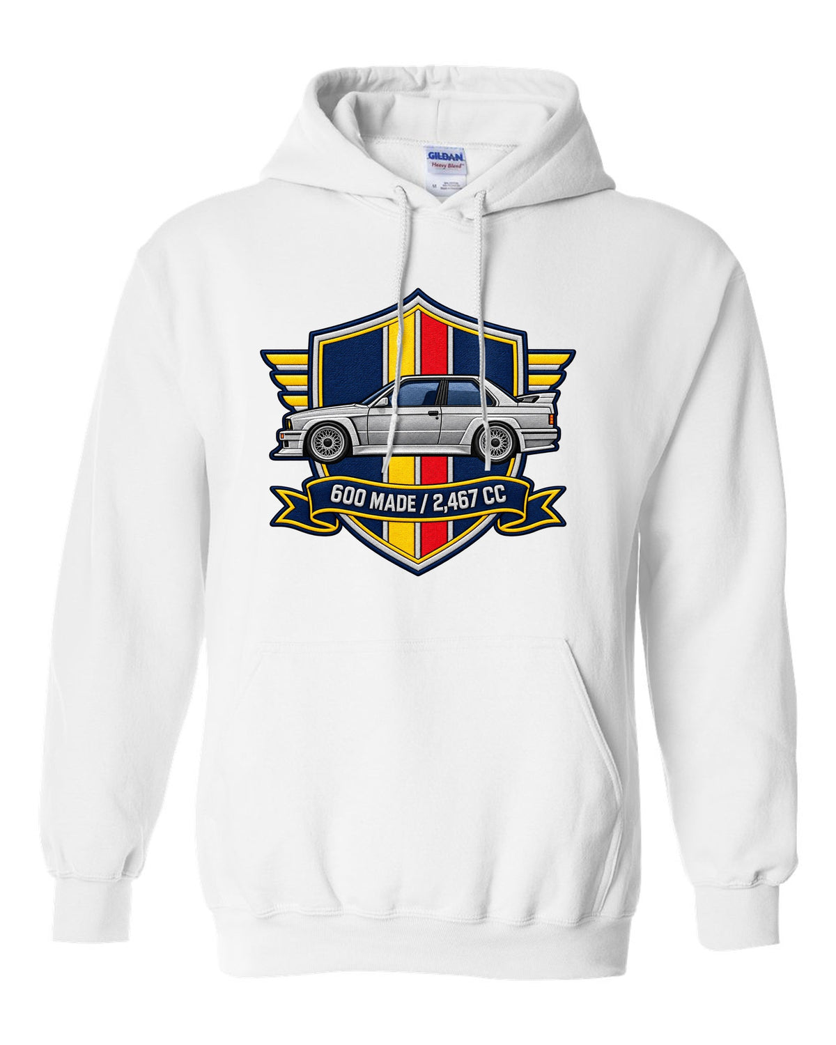 Varsity crest style print of a BMW E30 M3 Sport Evo with 600 made and 2,467 cc text white pull over hoodie front view with the design
