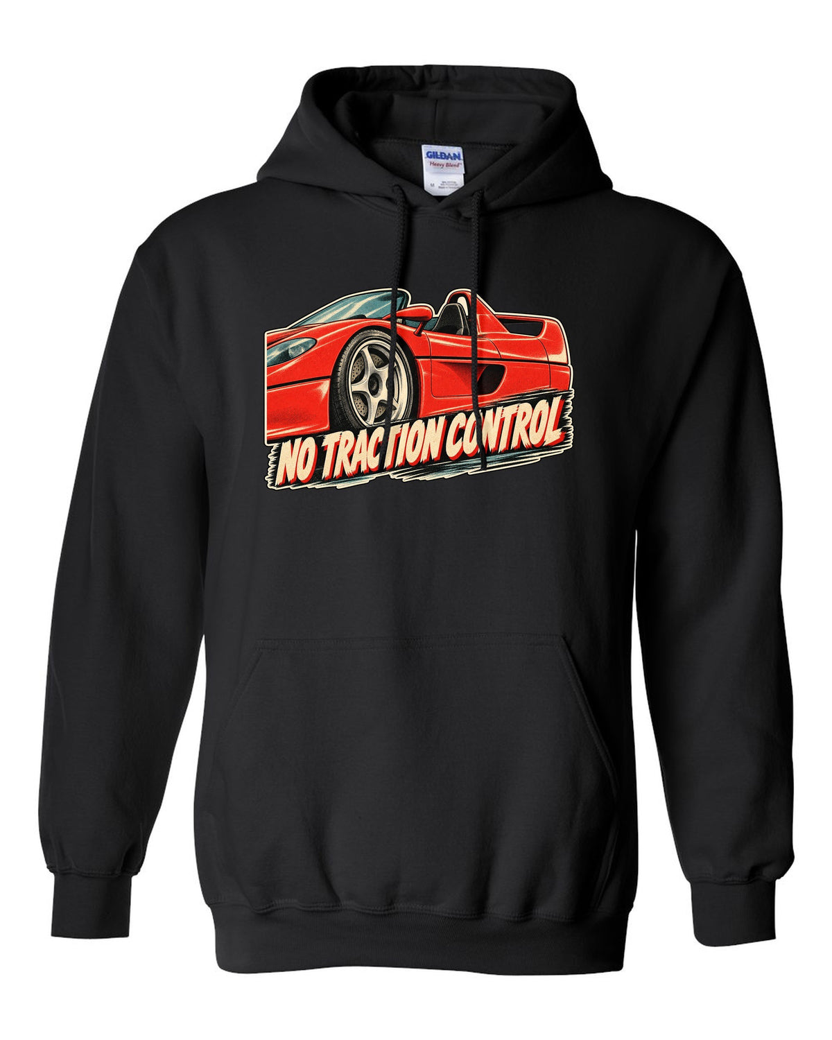 Retro Japanese showa advert style print of a 1995 Ferrari F50 F130 with no traction control text black pull over hoodie front view with the design
