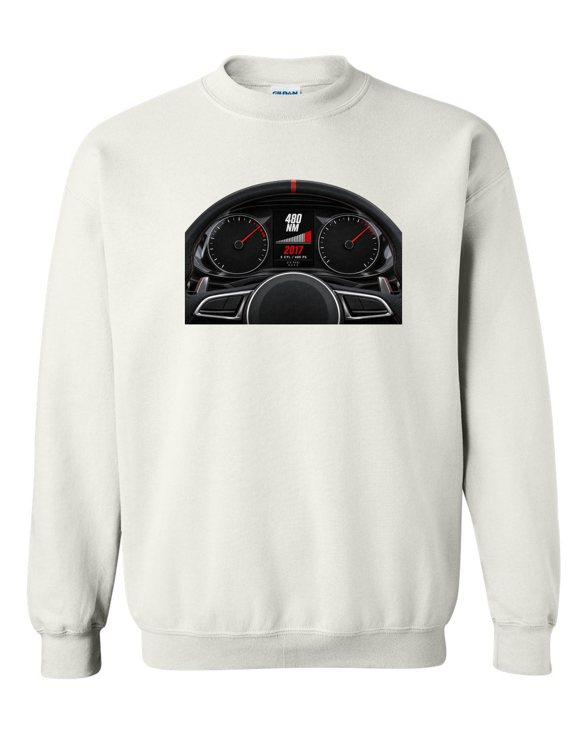 Audi RS3 8V instrument cluster gauge design with 5 cyl 400 PS text white crewneck front view with the design