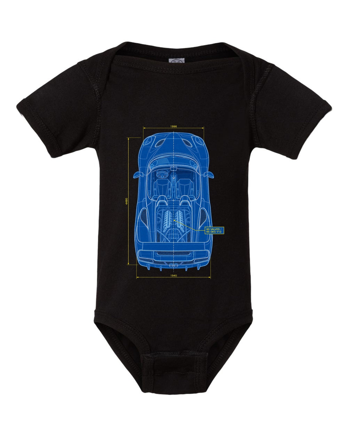 Top-down plan blueprint print of a 1995 Ferrari F50 F130 with 60 valves and 65 degree V12 text black baby onesie front view with the design