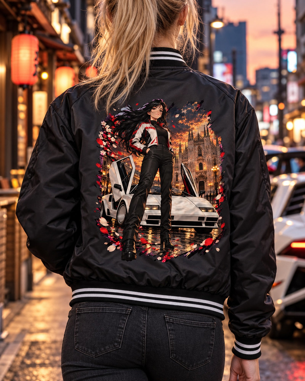 Lamborghini Countach Anime Girl Shirt, Hoodie & More Bomber Jacket Black worn hero