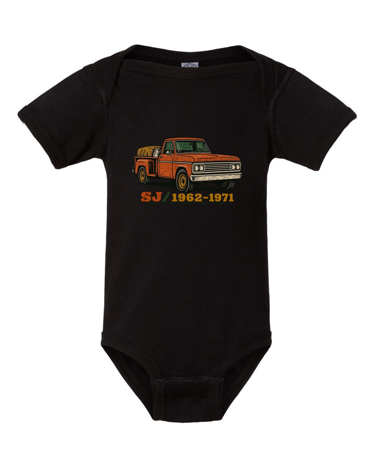 Woodcut style print of a Jeep Gladiator SJ pickup with SJ 1962-1971 lettering black baby onesie front view with the design