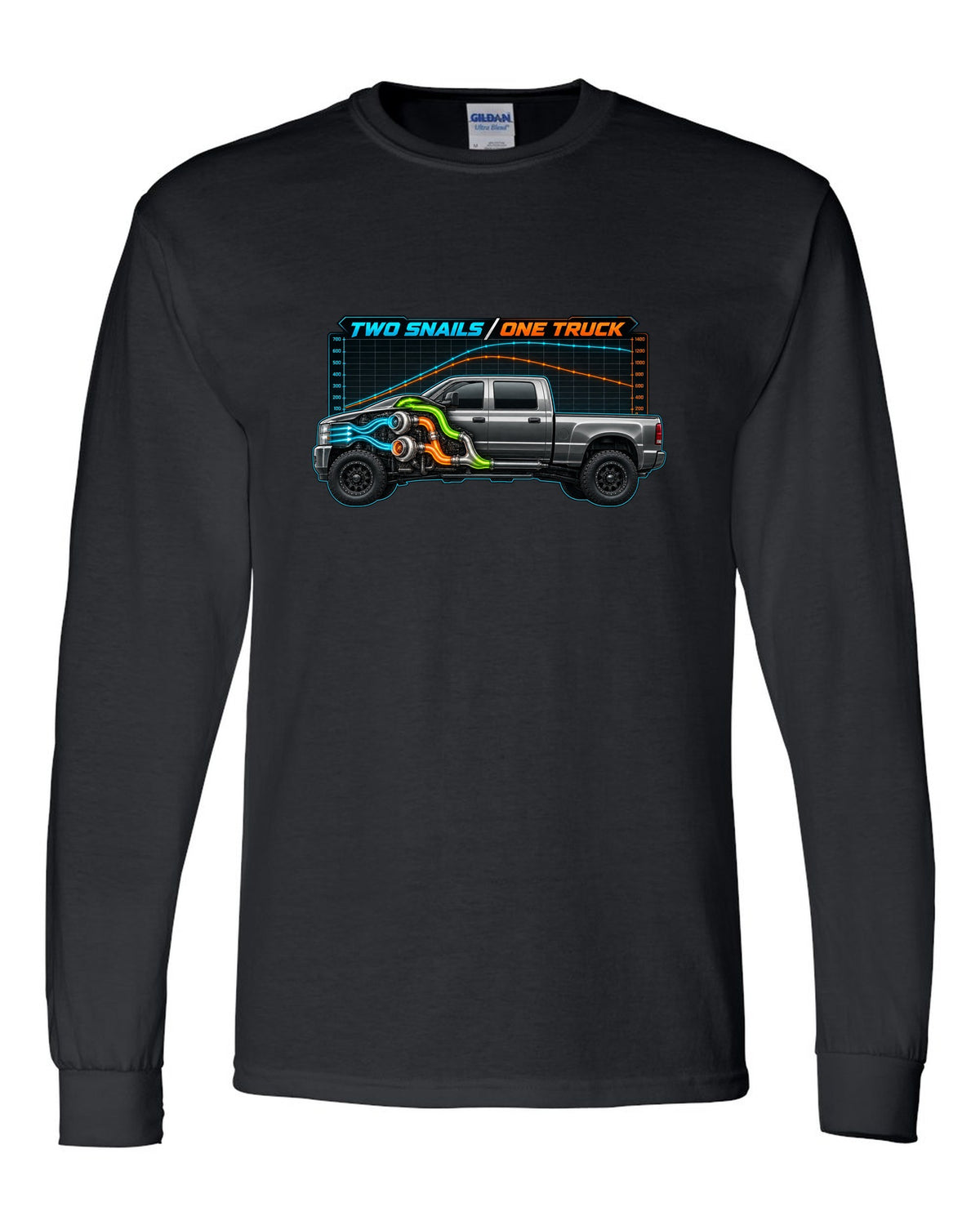 Dyno chart and gauge print of a 2003-2009 Dodge Ram 2500 Cummins compound turbo with two snails one truck text black long sleeve front view with the design