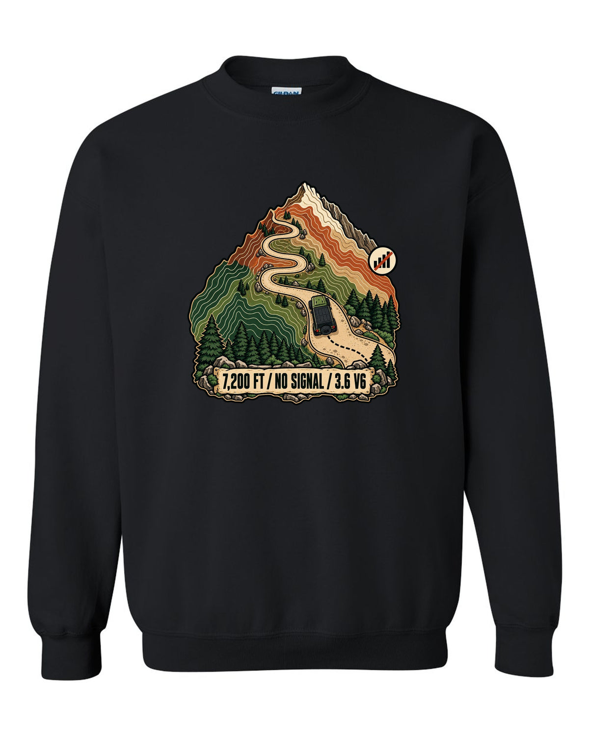 Topographic route map illustration of mountain switchbacks for a Jeep Wrangler JK with 7,200 FT NO SIGNAL 3.6 V6 lettering black crewneck front view with the design