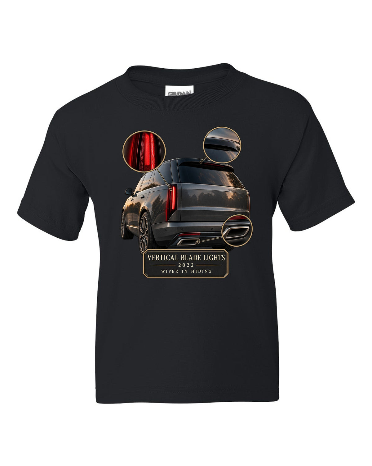 Taillight macro print of the Range Rover L460 with vertical blade lights black kids tee front view with the design