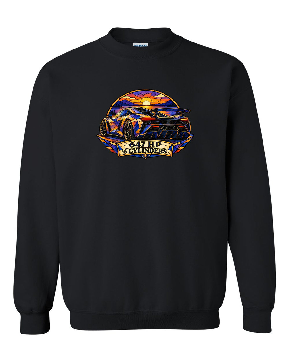 Ford GT 2017-2022 buttress profile in a stained-glass geometric print black crewneck front view with the design