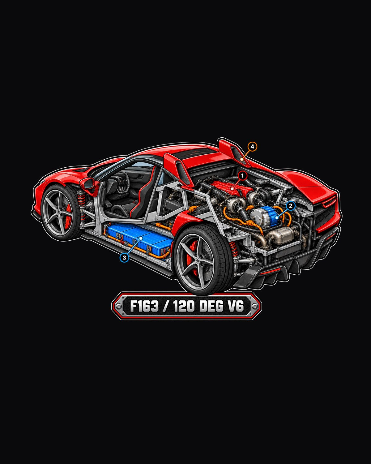 Ferrari 296 GTB F171 Hybrid V6 Cutaway print Tee design only