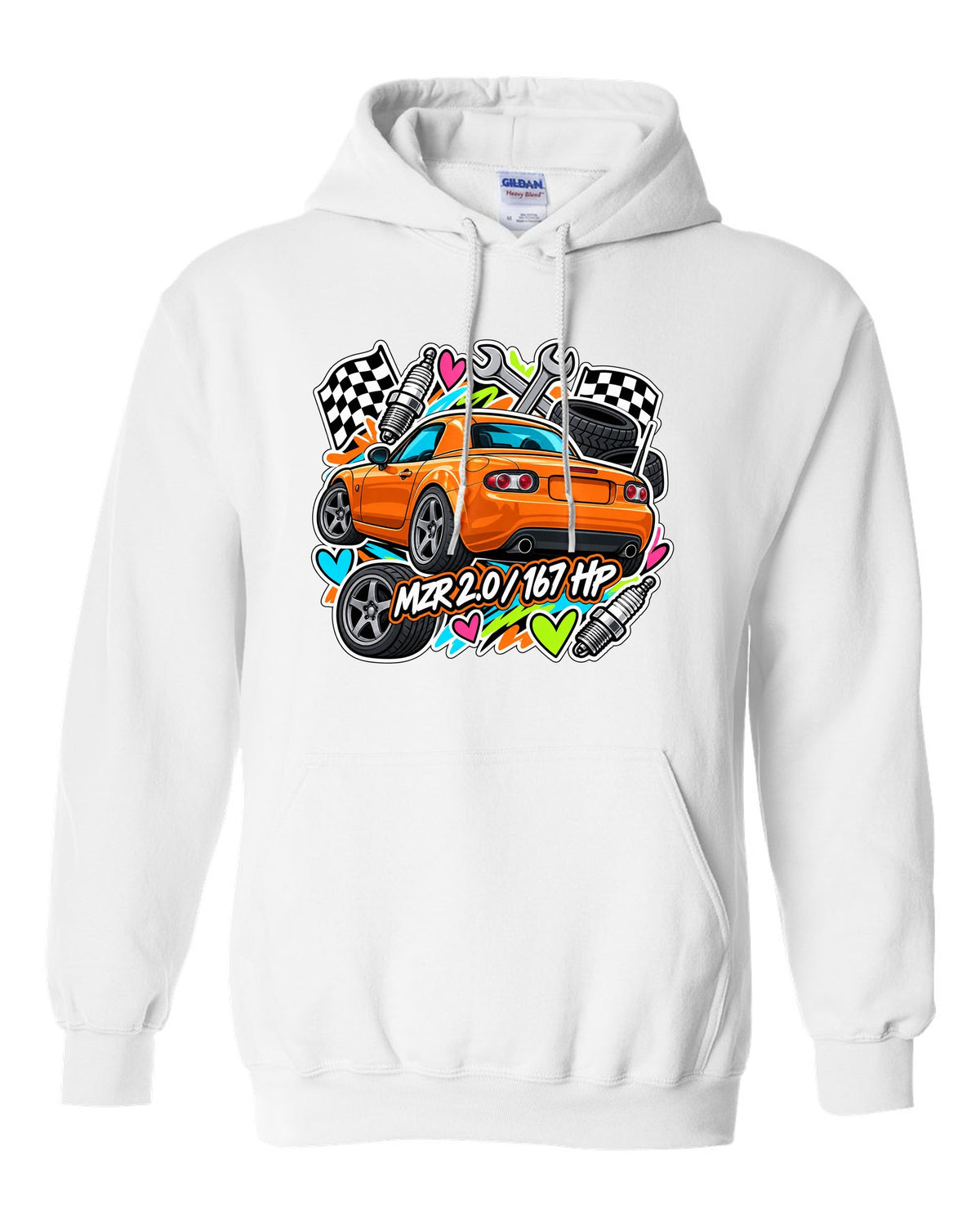 Mazda MX-5 NA6CE Cyanotype Blueprint white pull over hoodie front view with the design