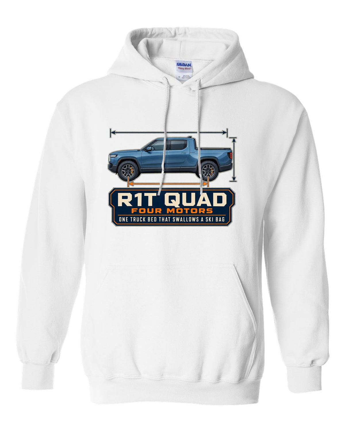 Dimension blueprint print of the Rivian R1T quad-motor electric truck white pull over hoodie front view with the design