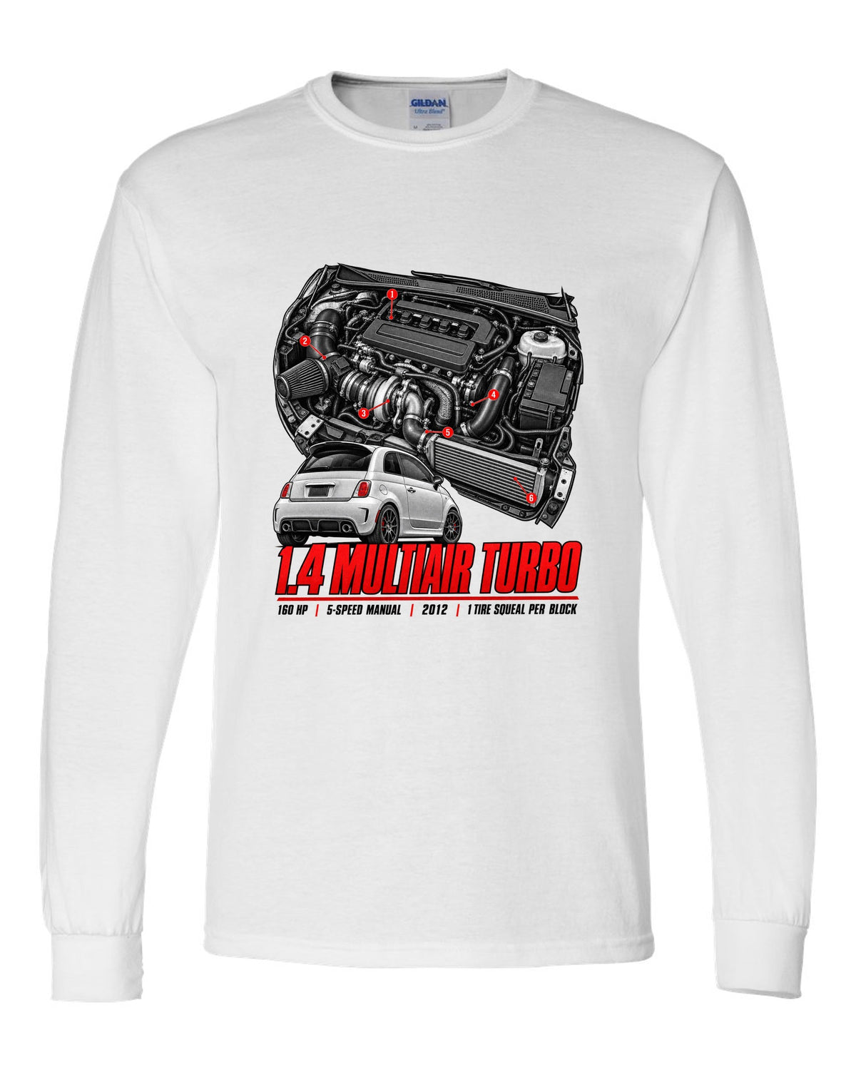 Fiat 500 Abarth engine bay hero poster with 1.4 MultiAir turbo figures white long sleeve front view with the design