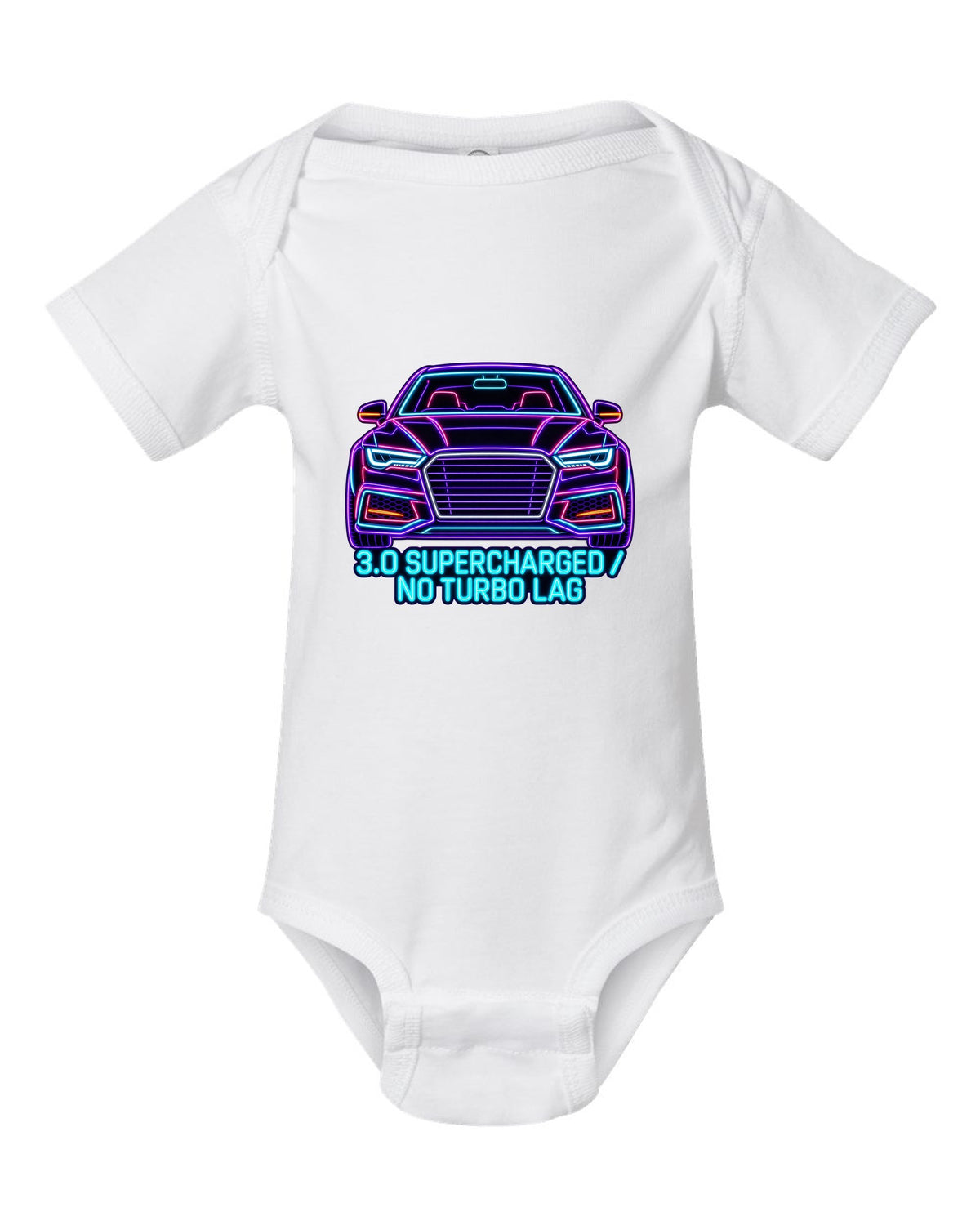 Neon sign line art print of an Audi S4 B8 with 3.0 Supercharged text white baby onesie front view with the design