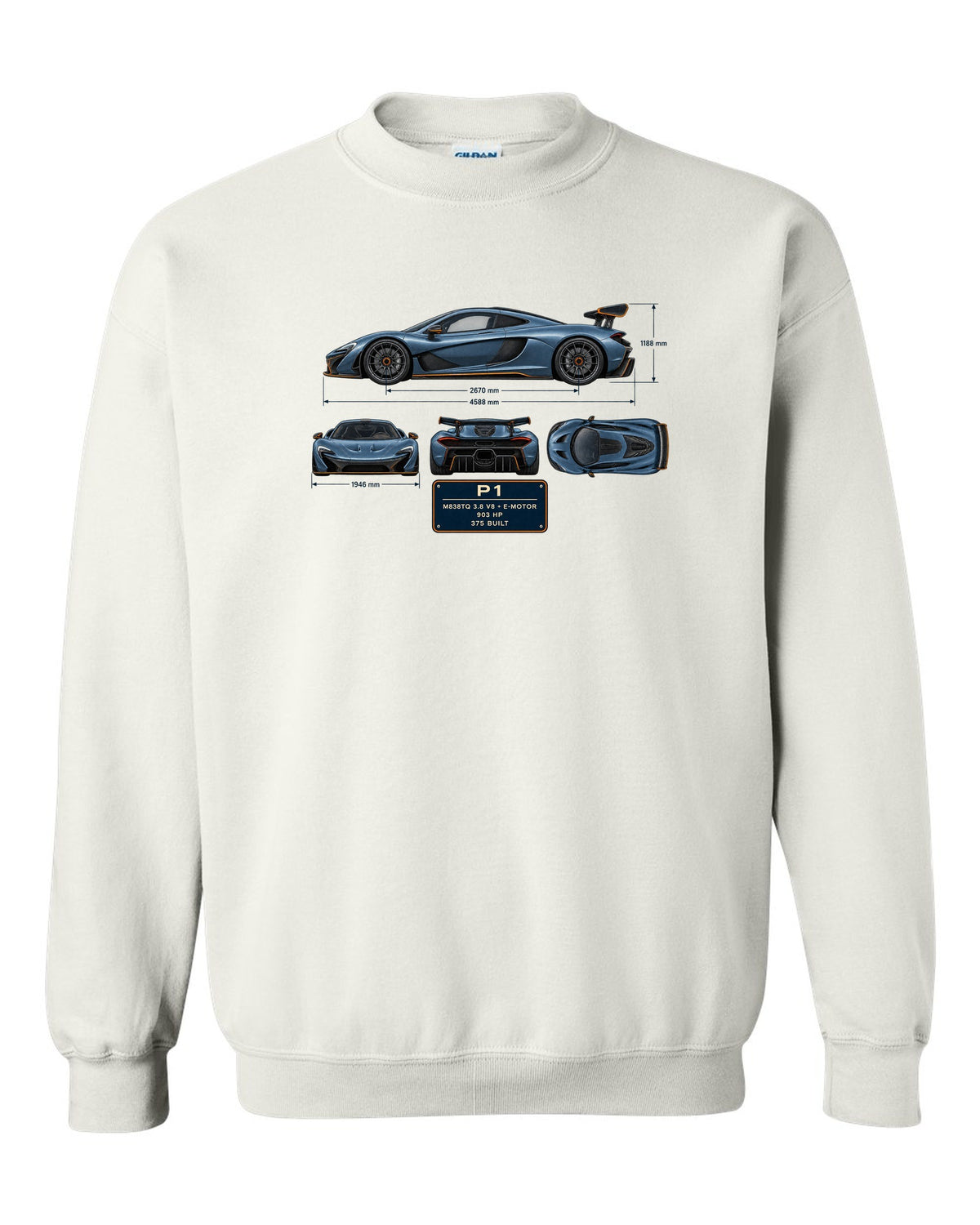 Steel blue dimension blueprint print of a McLaren P1, M838TQ V8 plus e-motor white crewneck front view with the design