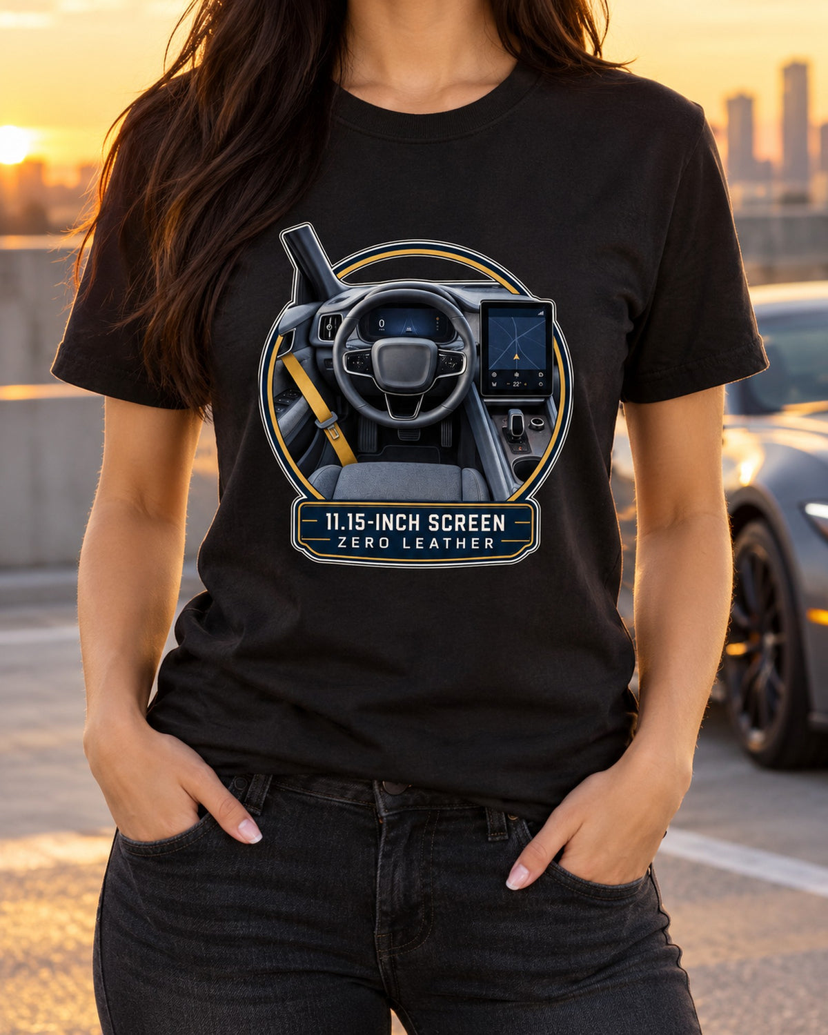 Polestar 2 Interior Cockpit Screen Shirt, EV Owner Gift T-Shirt Black worn hero