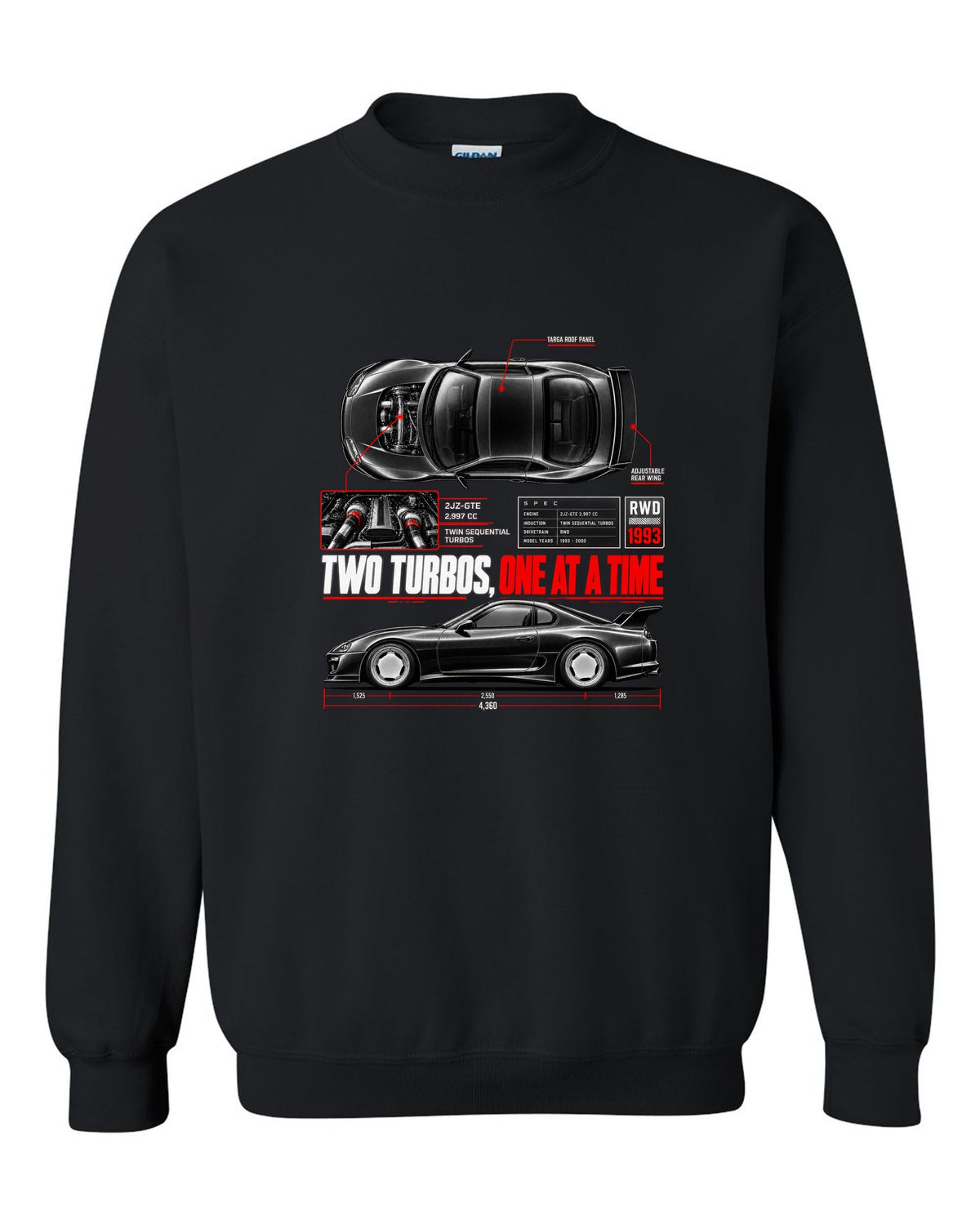 Spec poster print of a Toyota Supra A80 JZA80 with 2JZ-GTE lettering black crewneck front view with the design