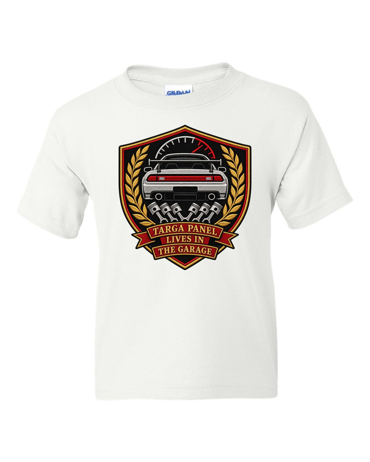 Embroidery-style shield crest print for the Toyota Supra A80 with targa panel lives in the garage lettering white kids tee front view with the design