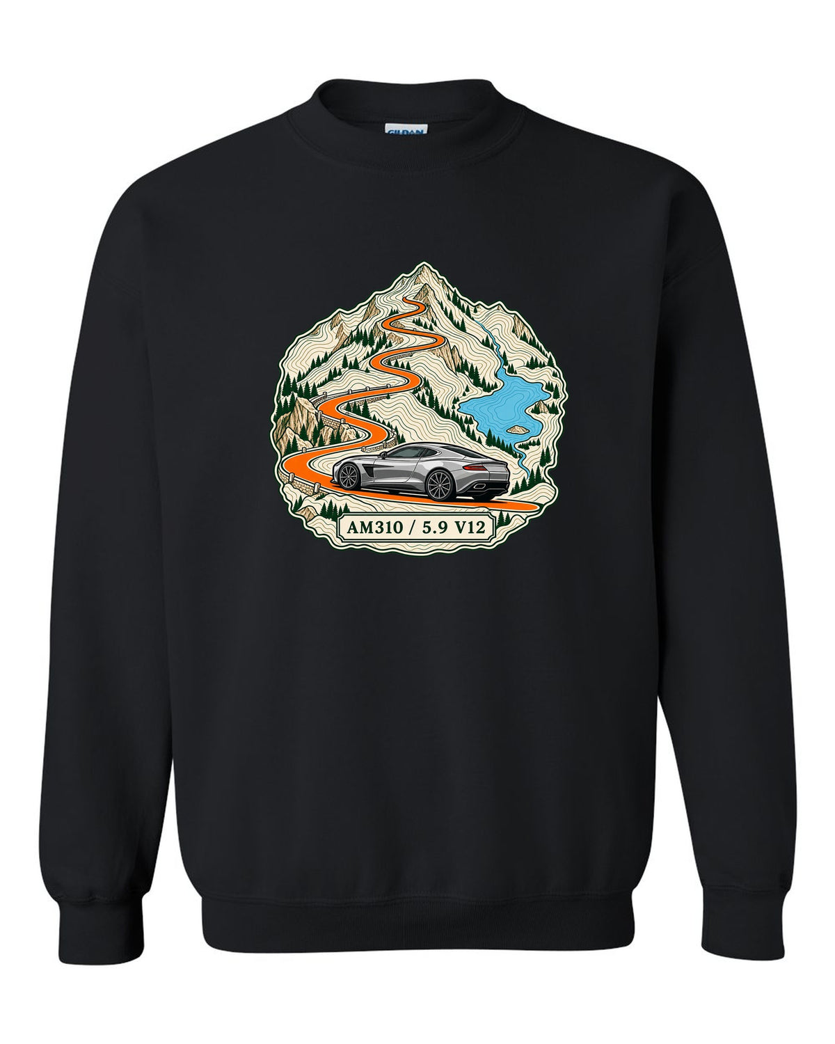 Topographic ridge route map print for the 2012 Aston Martin Vanquish AM310 with 5.9 V12 lettering black crewneck front view with the design