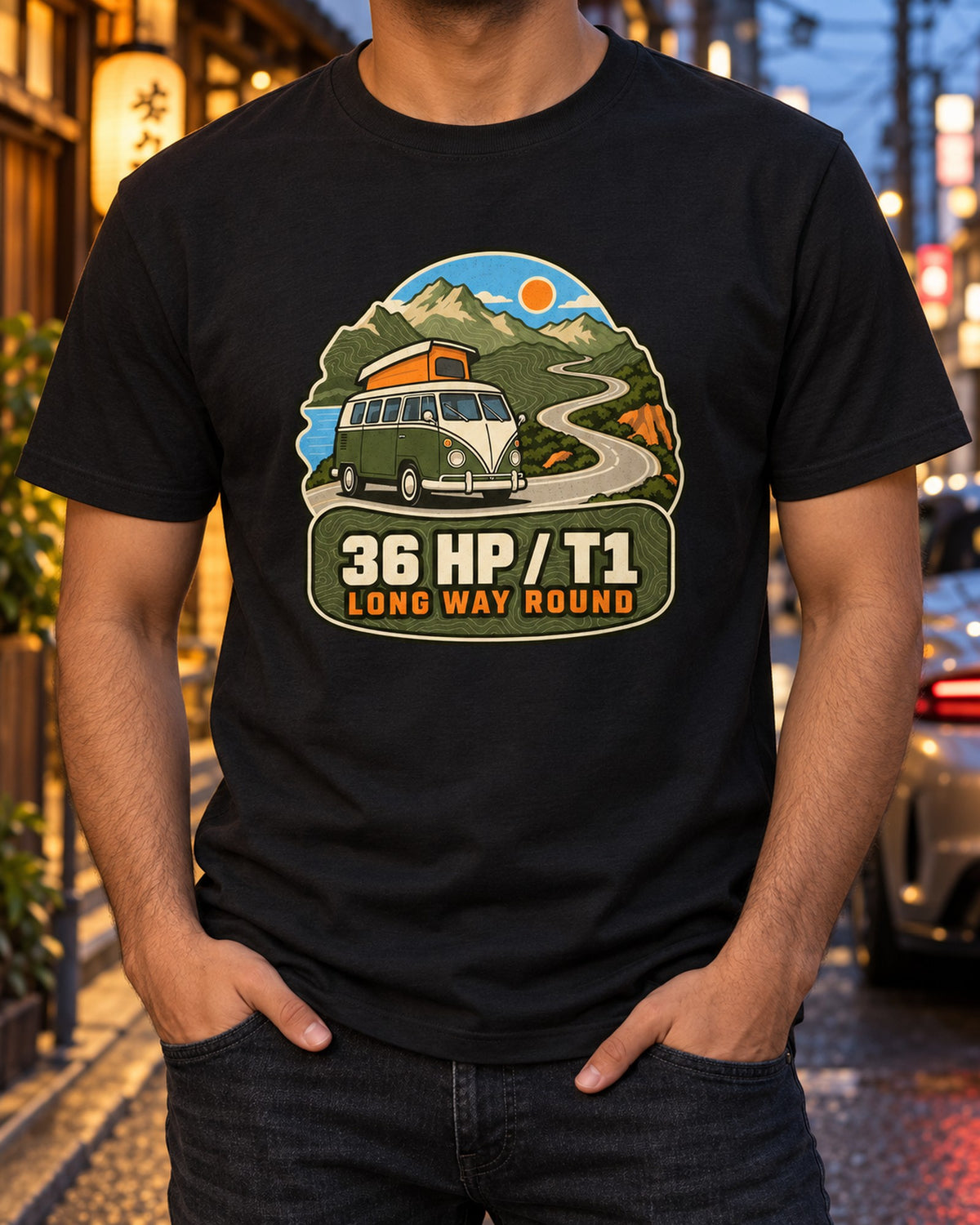 VW Bus T1 Split-Window Route Map Shirt, Camper Van Gift T-Shirt Black worn hero