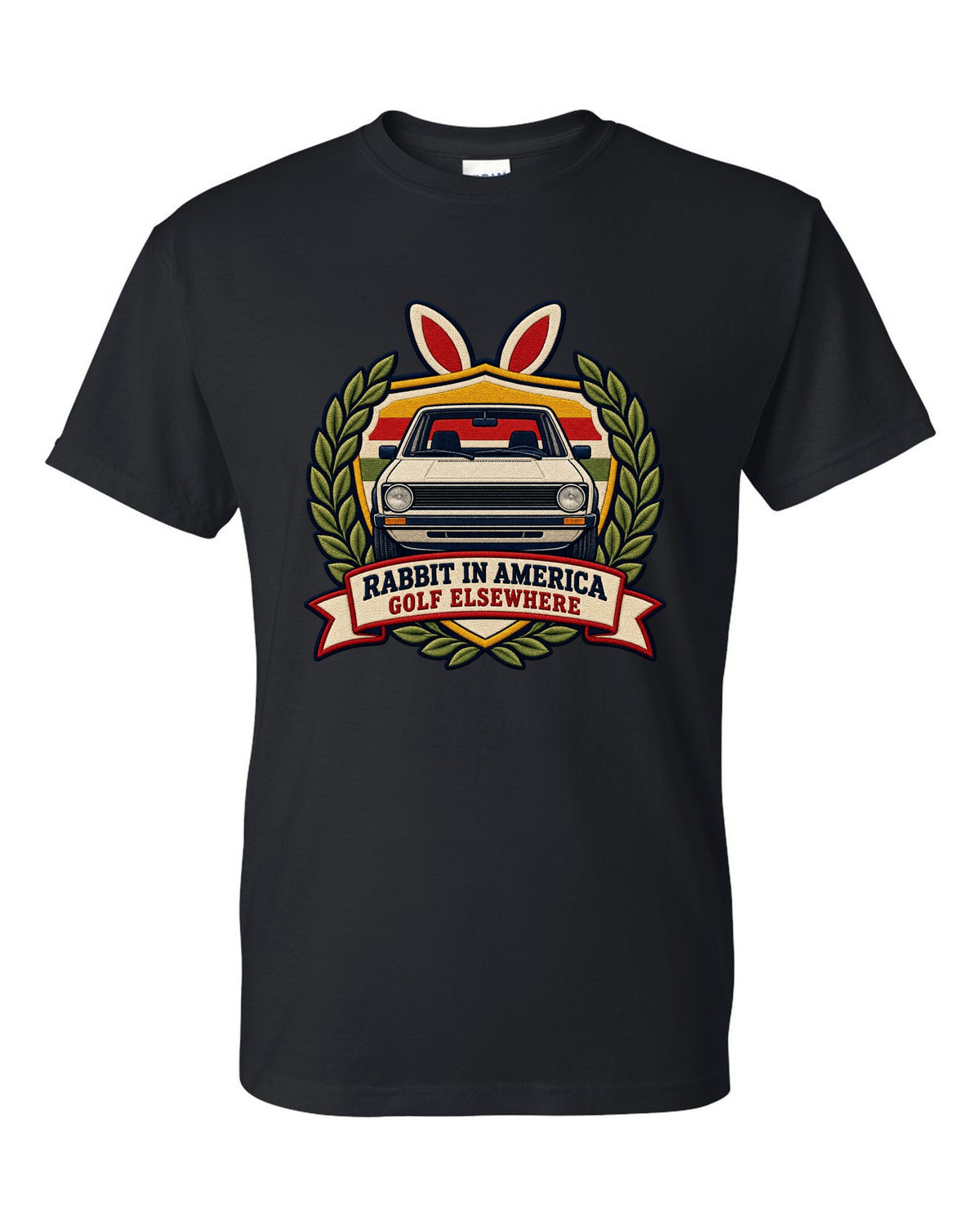 Varsity crest print of a VW Golf Mk1 Rabbit with Golf elsewhere text black t-shirt front view with the design
