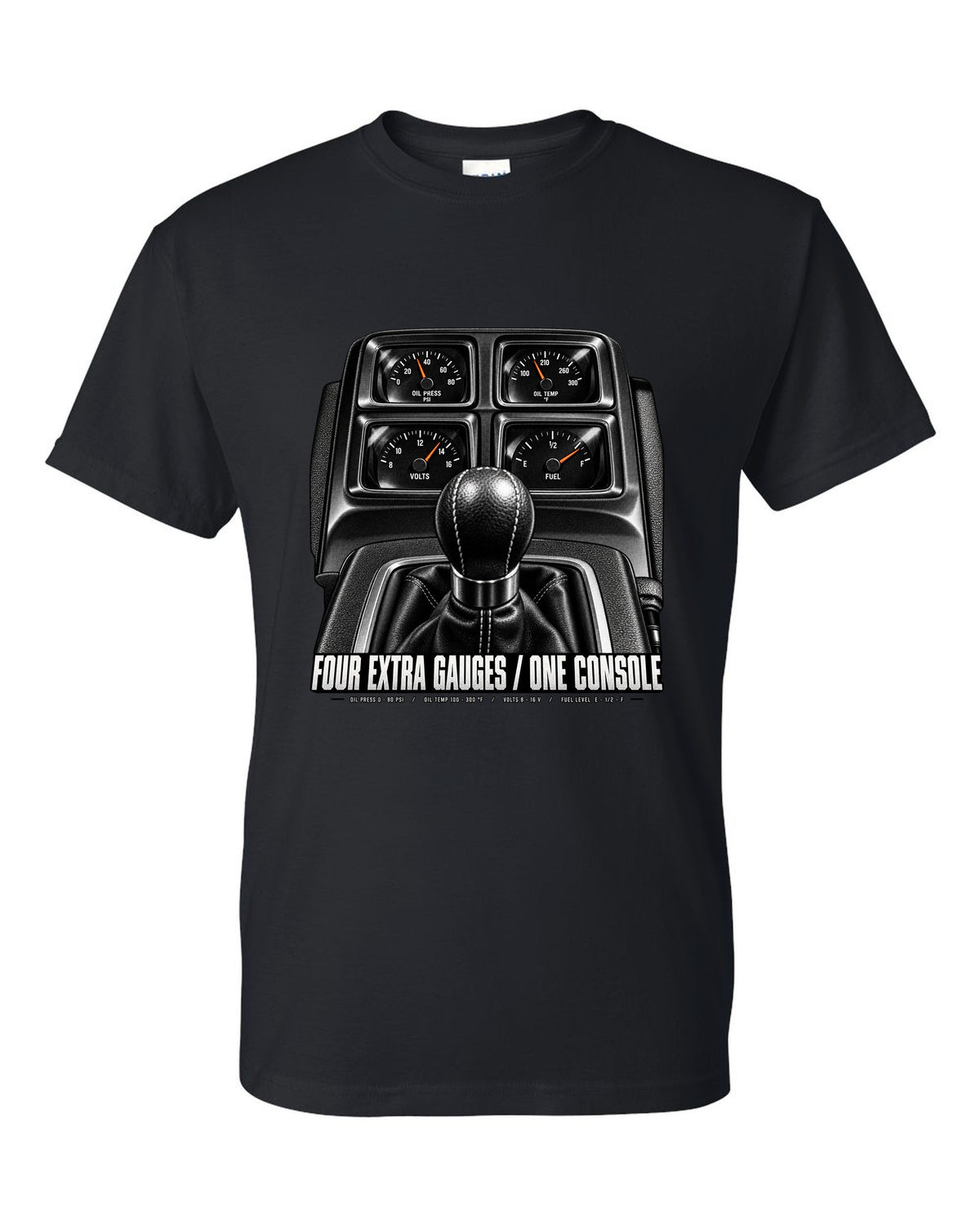 Cockpit print of a 2010 Chevrolet Camaro SS console gauge pod with four extra gauges text black t-shirt front view with the design