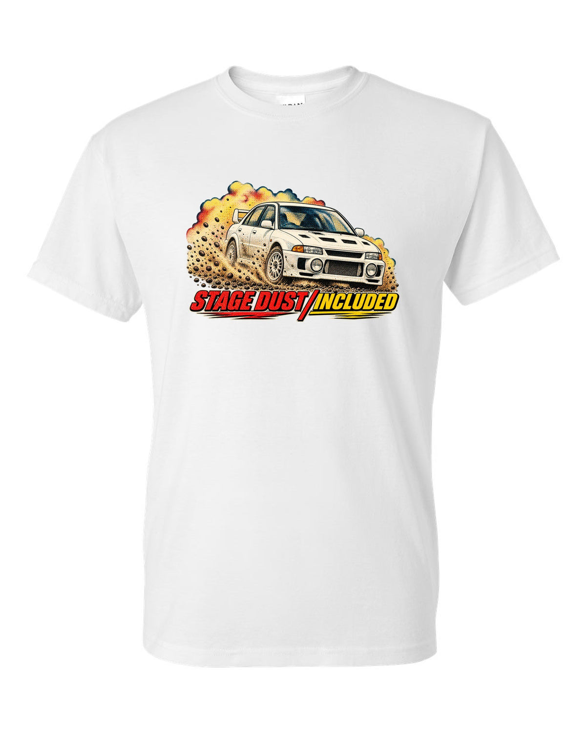 Halftone rally magazine style Mitsubishi Lancer Evolution III CE9A on gravel white t-shirt front view with the design