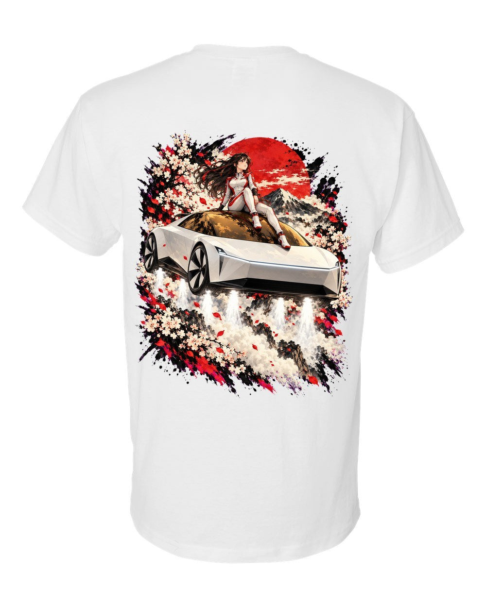 Tesla Roadster Rooftop Anime Girl T-Shirt White back