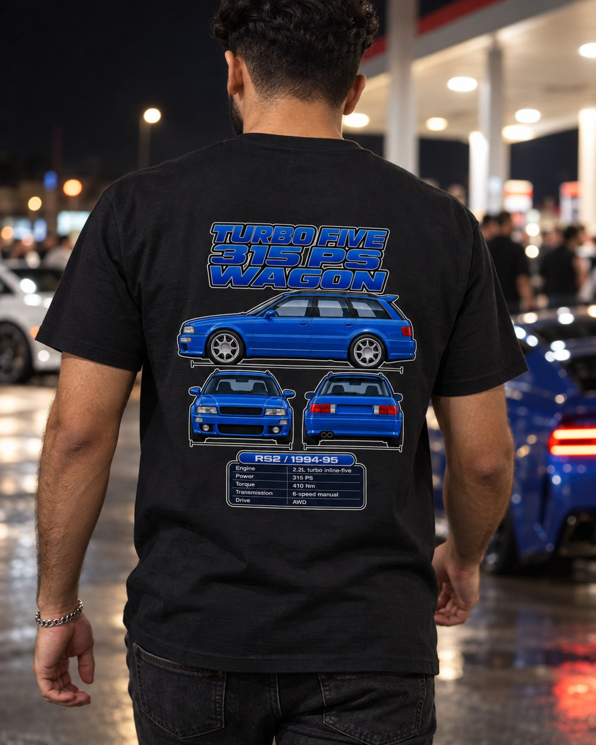 Audi Rs2 Avant Spec Sheet Full-Back Graphic Tee T-Shirt Black worn hero