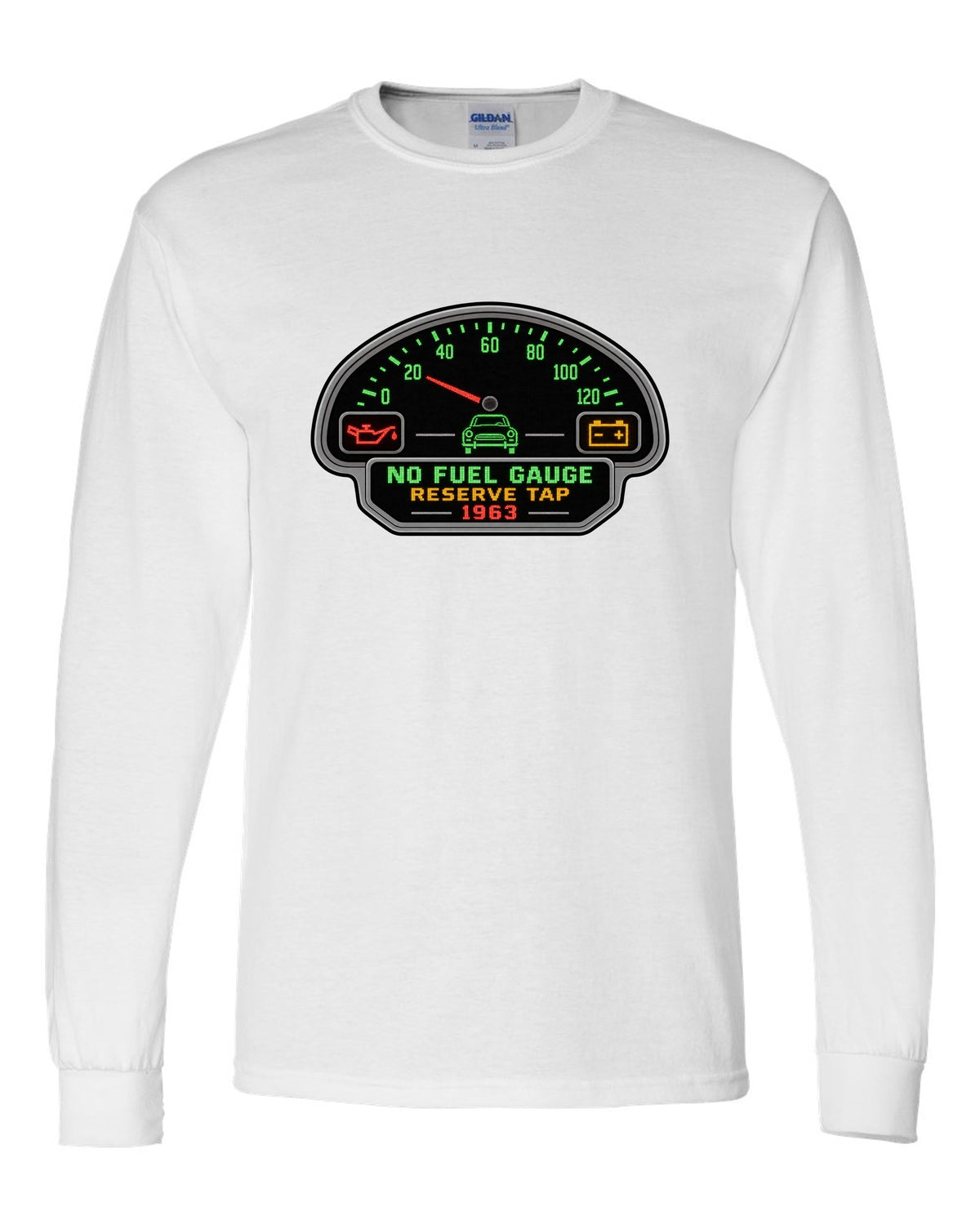 Pixel LED segmented display print of a 1963 VW Beetle Type 1 dashboard with fuel gauge joke white long sleeve front view with the design