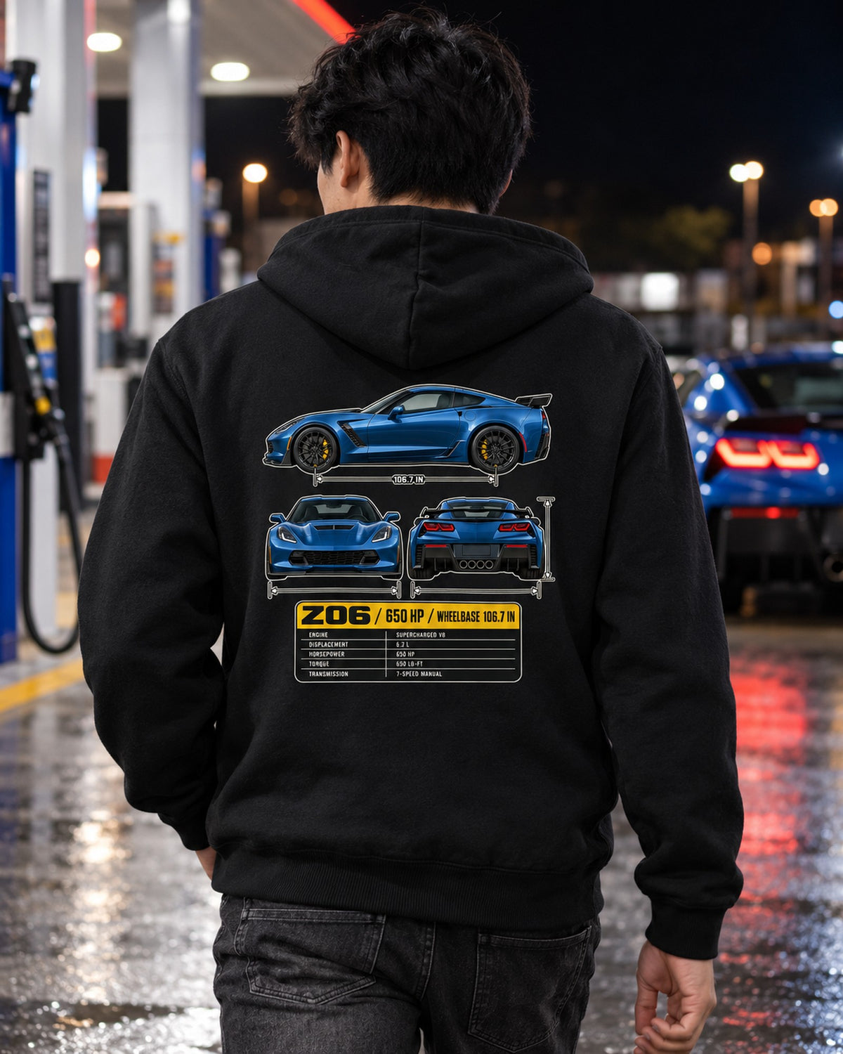 Corvette C7 Z06 Three-View Spec Table Shirt, Car Guy Gift Zip Hoodie Black worn hero