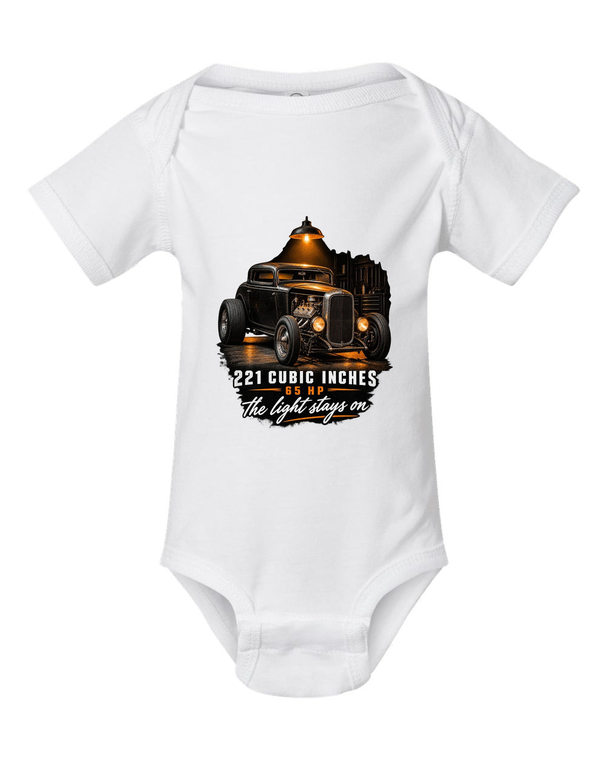 Garage night print of a 1932 Ford Deuce three-window coupe with flathead V8 specs white baby onesie front view with the design