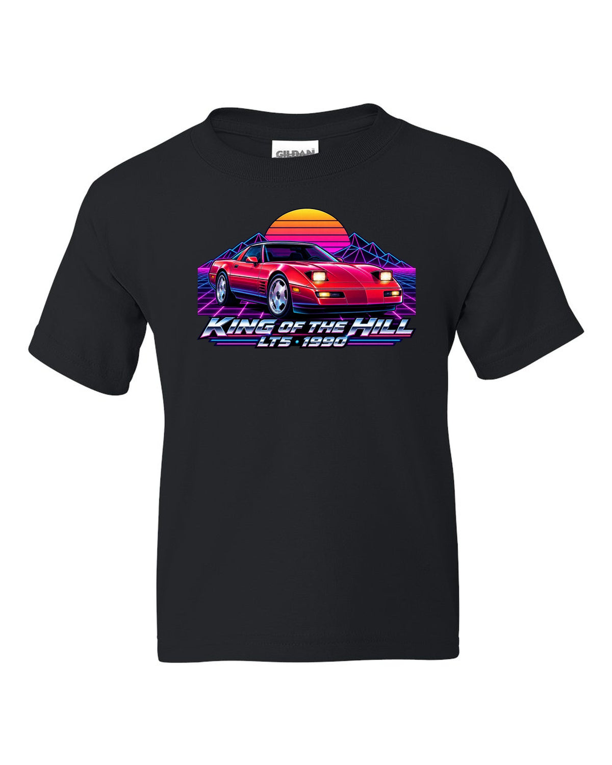 Synthwave neon horizon print of a 1990 Chevrolet Corvette C4 ZR-1 with King of the Hill LT5 lettering black kids tee front view with the design