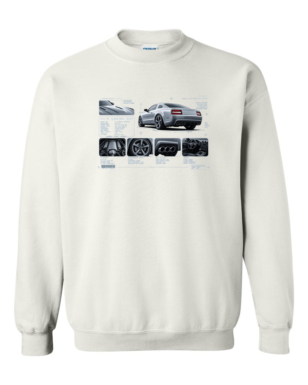 BMW E92 M3 coupe dossier panel print showing 414 PS and 8,300 RPM white crewneck front view with the design