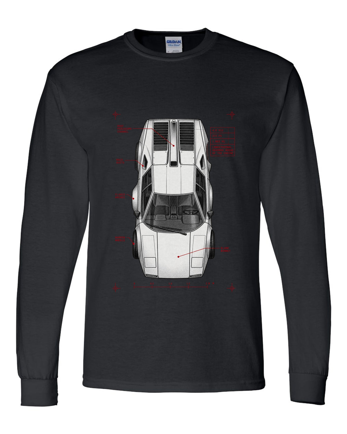 Spec poster print of a Lamborghini Countach LP400 with 4.0 V12 375 PS and 1,065 kg text black long sleeve front view with the design