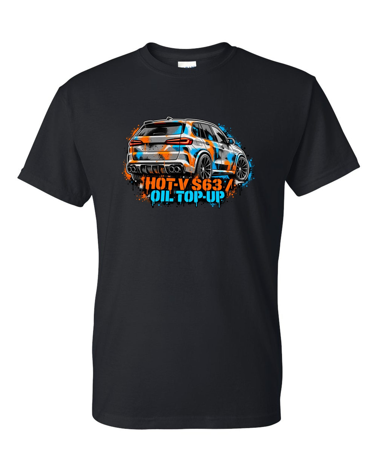 Varsity crest print of a BMW i8 I12 with silent electric range lettering black t-shirt front view with the design